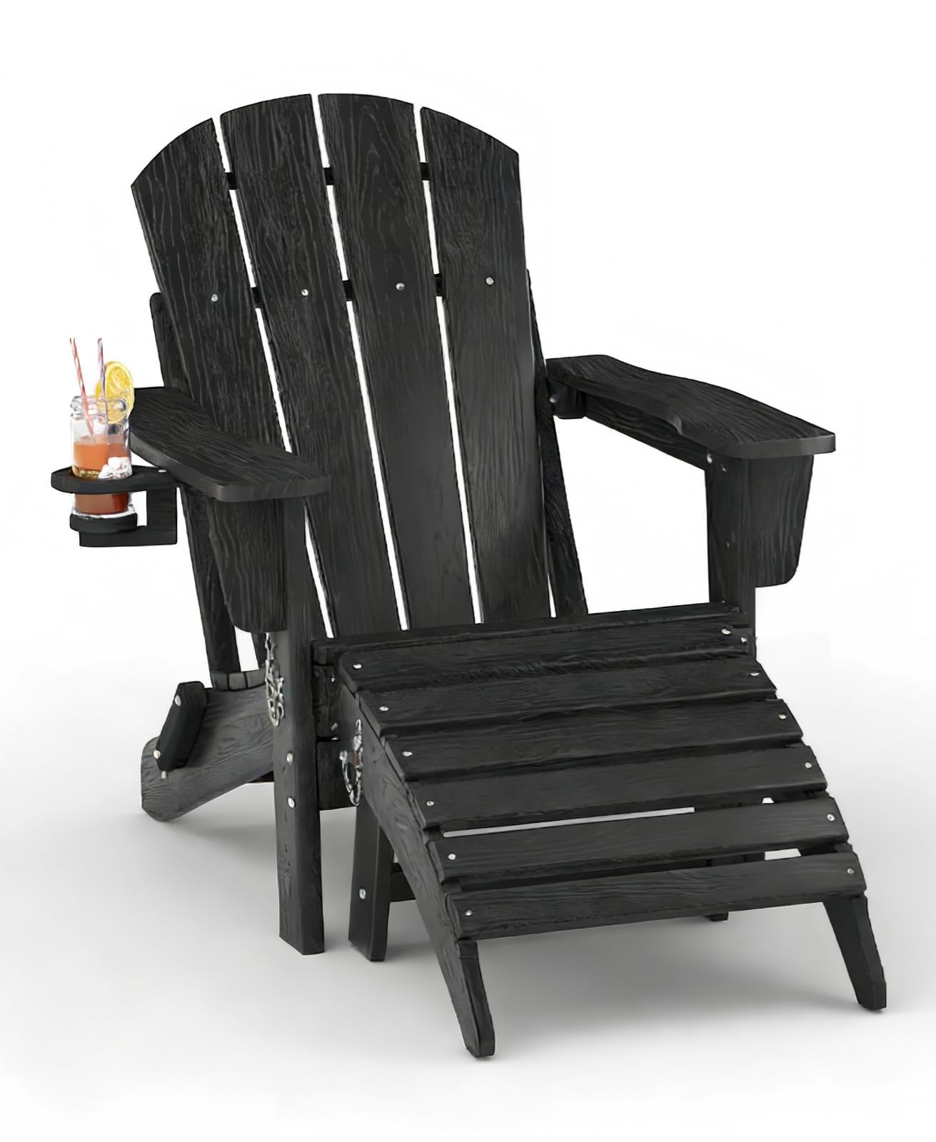 GarveeLife Folding Adirondack Chair Set of 2, All-Weather HDPE Outdoor Chair, Wooden Textured with Cup Holder for patios, Decks, Gardens, fire pits, Navy Blue