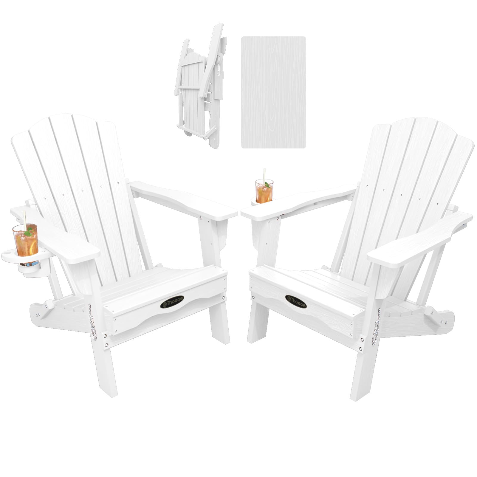 THOEOE Folding Adirondack Chair,HDPE All-Weather Outdoor Chair with Cup Holder,Wooden Textured,Fire Pit Chair,Plastic Patio Chair for Deck,Backyard,Garden,Lawn, Black