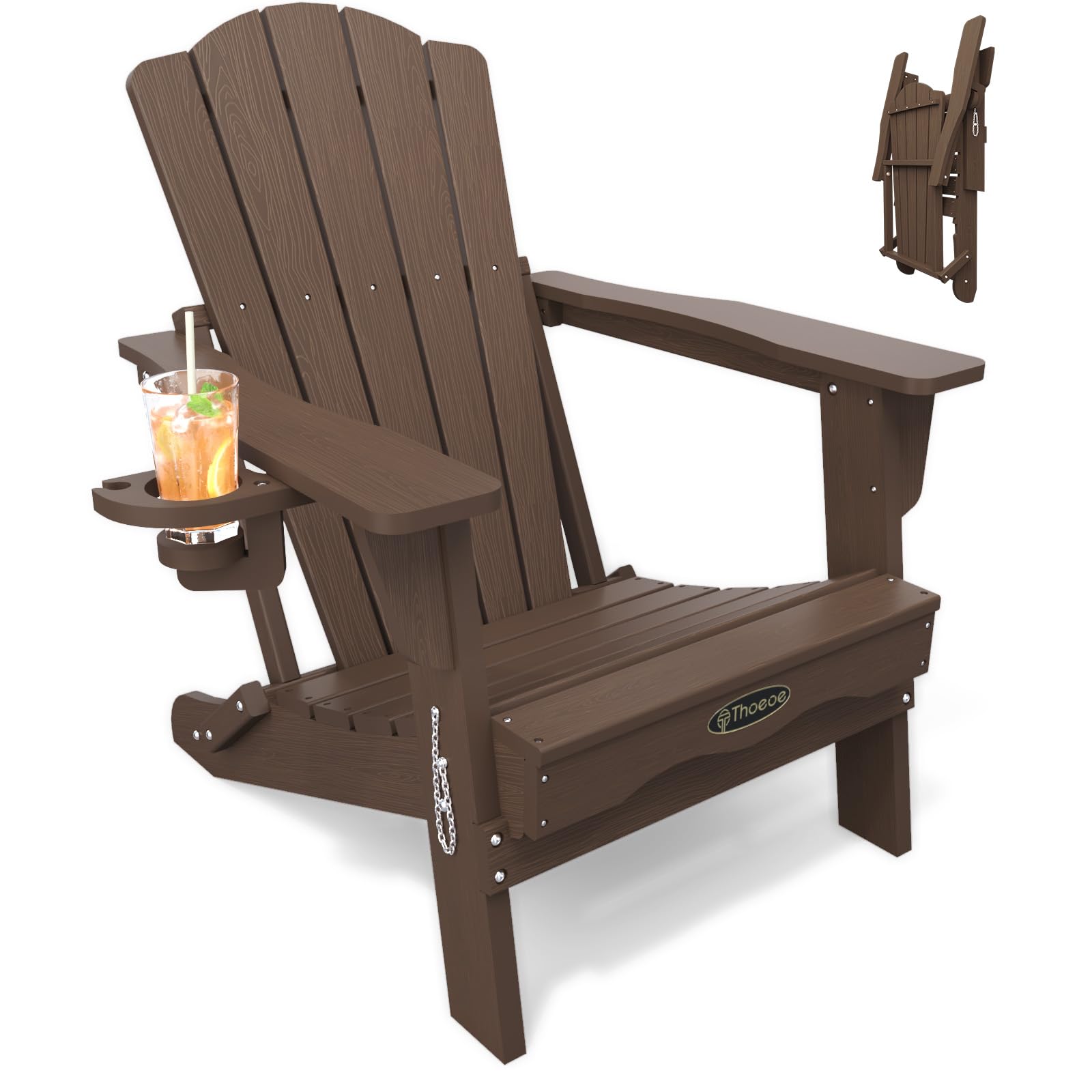 THOEOE Folding Adirondack Chair,HDPE All-Weather Outdoor Chair with Cup Holder,Wooden Textured,Fire Pit Chair,Plastic Patio Chair for Deck,Backyard,Garden,Lawn, Black
