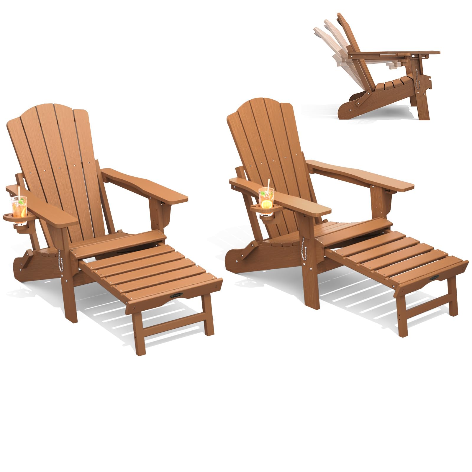 THOEOE Adjustable Adirondack Chair with Retractable Ottoman, HDEP Folding Adirondack Chairs with Footrest 2-in-1 Cup Holder, All Weather Outoor Fire Pit Chair with Foot Rest Set 1 Black
