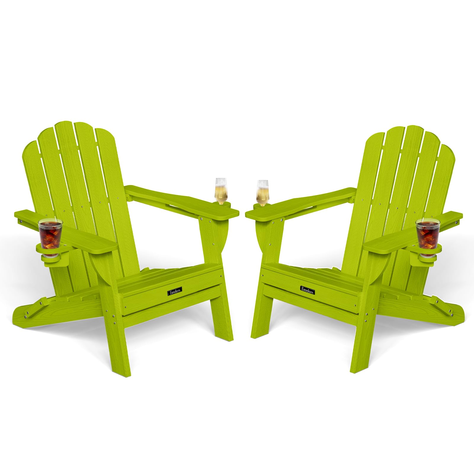 Folding Adirondack Chair,All-Weather HDPE Fire Pit Chair with 2 Cup Holders, Plastic Outdoor Chair for Patio Deck Garden Lawn, Black