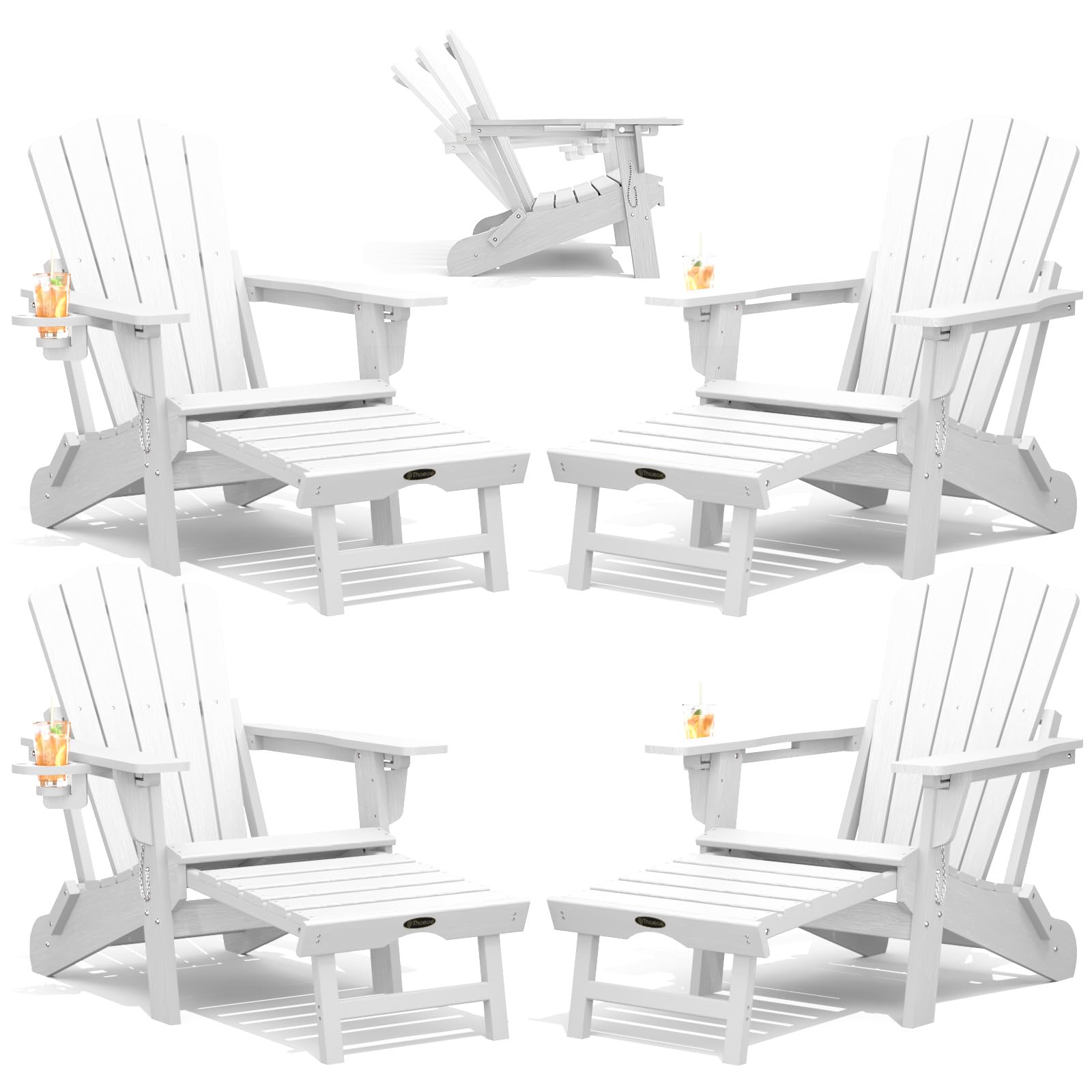 THOEOE Adjustable Adirondack Chair with Retractable Ottoman, HDEP Folding Adirondack Chairs with Footrest 2-in-1 Cup Holder, All Weather Outoor Fire Pit Chair with Foot Rest Set 1 Black
