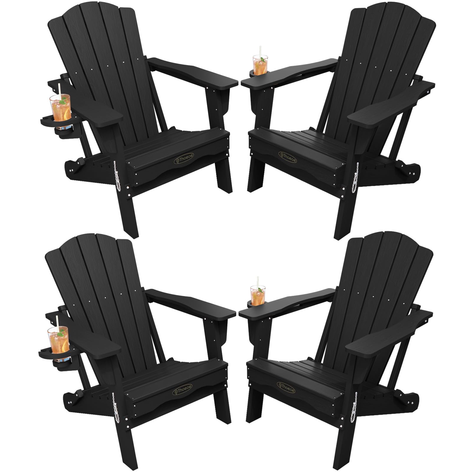 THOEOE Folding Adirondack Chair,HDPE All-Weather Outdoor Chair with Cup Holder,Wooden Textured,Fire Pit Chair,Plastic Patio Chair for Deck,Backyard,Garden,Lawn, Black