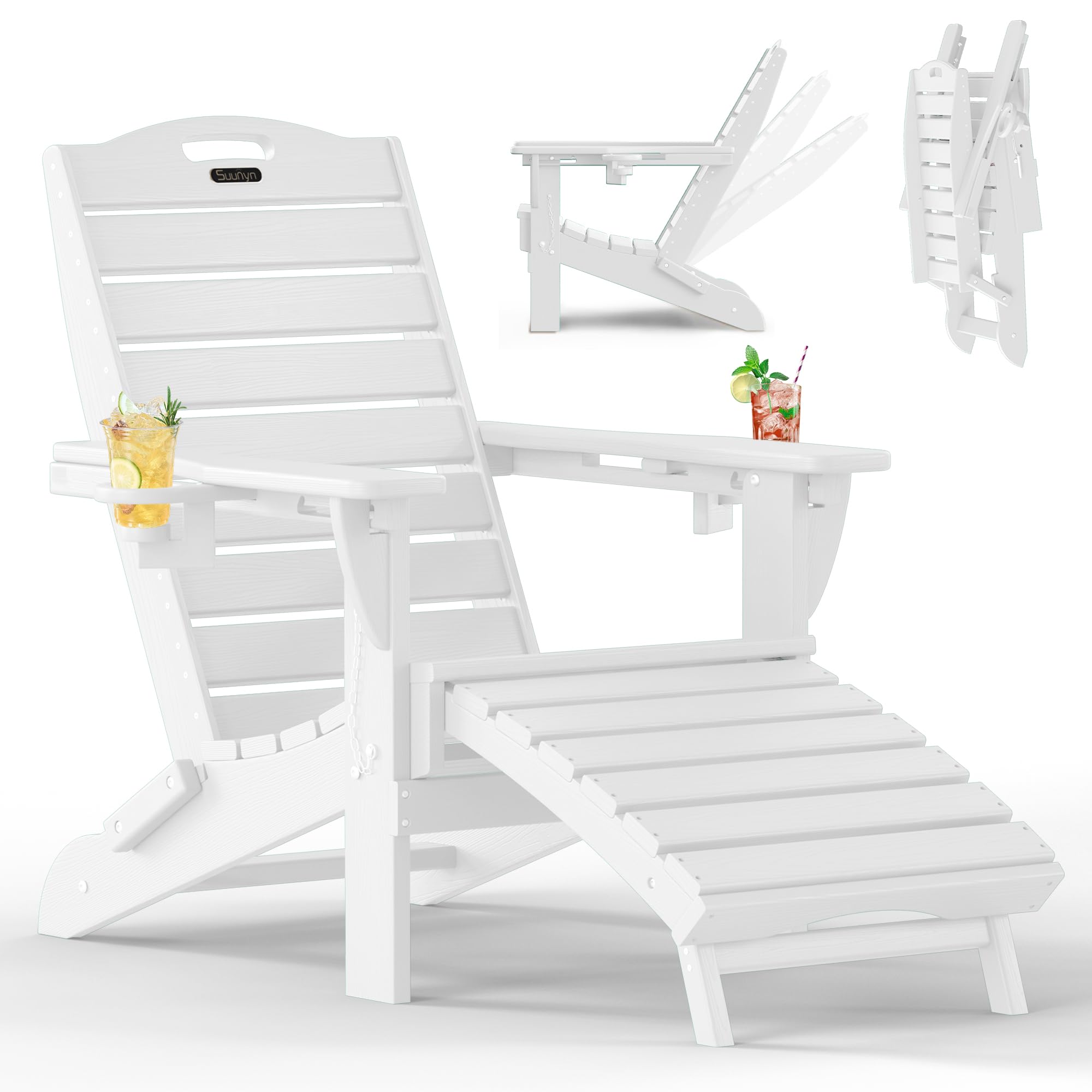 Folding Adirondack Chair with Retractable Ottoman, Weather Resistant Fire Pit Chair Patio Chair with 2 Cup Holder Lawn Outdoor Lounge Chair (Grey)