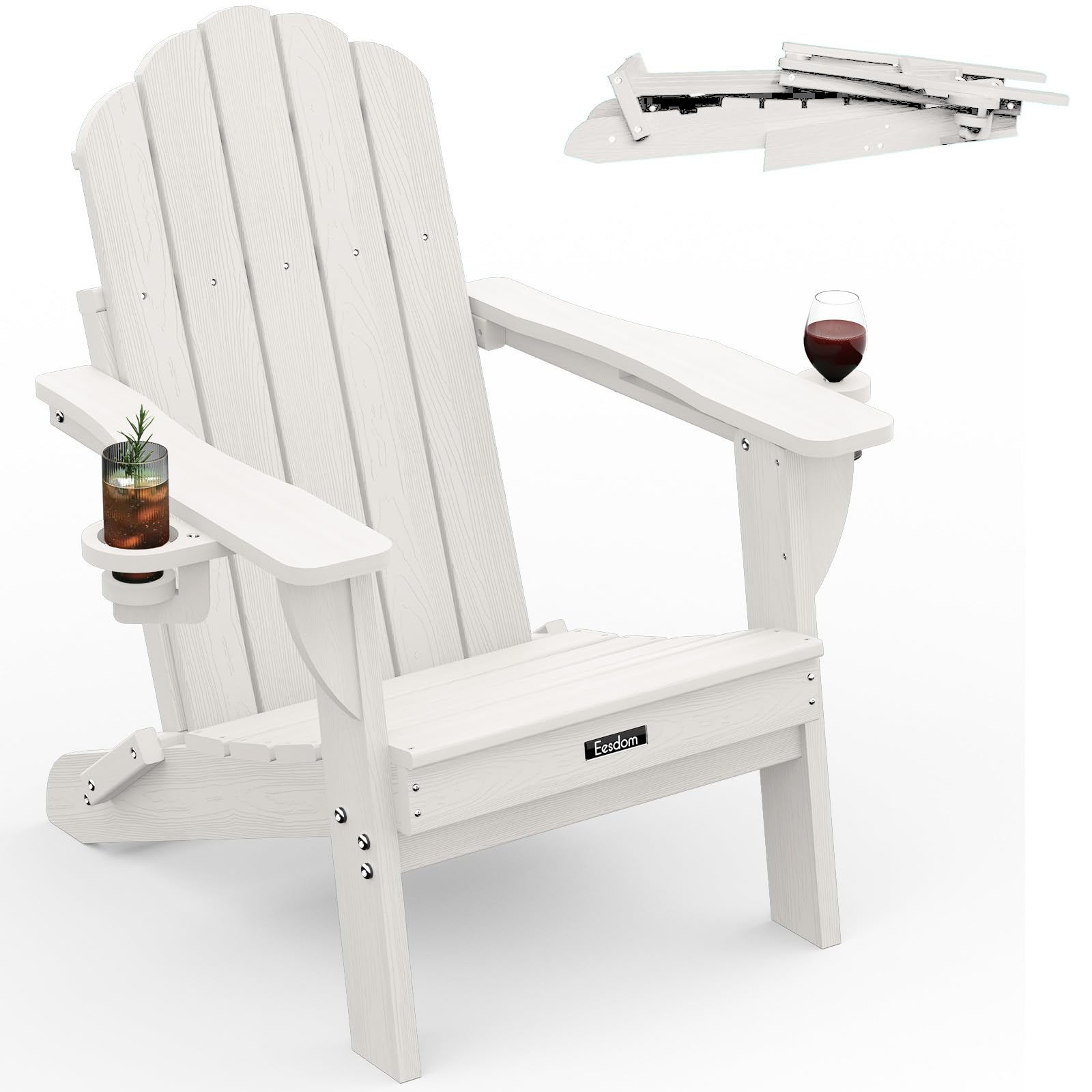 Folding Adirondack Chair,All-Weather HDPE Fire Pit Chair with 2 Cup Holders, Plastic Outdoor Chair for Patio Deck Garden Lawn, Black