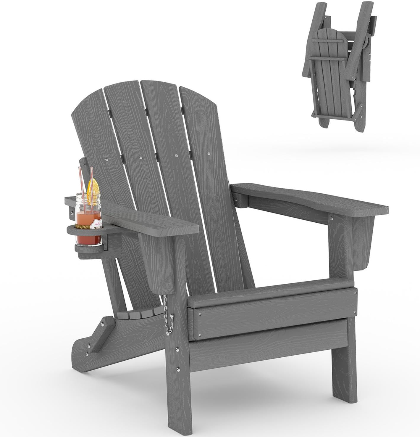 GarveeLife Folding Adirondack Chair Set of 2, All-Weather HDPE Outdoor Chair, Wooden Textured with Cup Holder for patios, Decks, Gardens, fire pits, Navy Blue