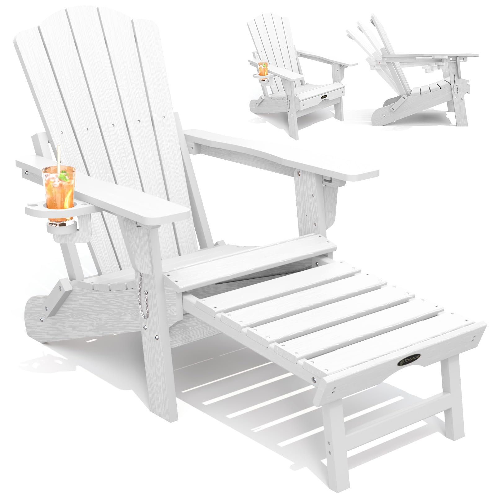 THOEOE Adjustable Adirondack Chair with Retractable Ottoman, HDEP Folding Adirondack Chairs with Footrest 2-in-1 Cup Holder, All Weather Outoor Fire Pit Chair with Foot Rest Set 1 Black