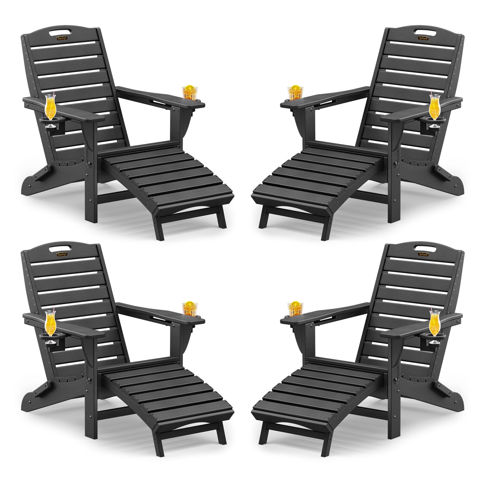 Folding Adirondack Chair with Retractable Ottoman, Weather Resistant Fire Pit Chair Patio Chair with 2 Cup Holder Lawn Outdoor Lounge Chair (Grey)