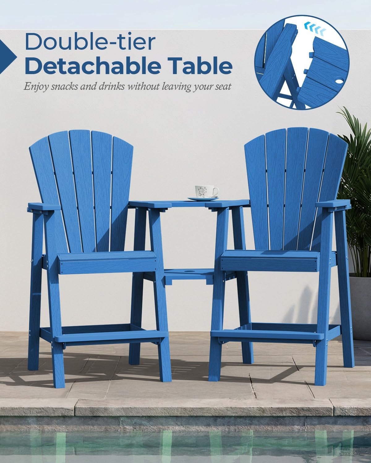 Ciokea Tall Adirondack Chairs Set of 2, HDPE Outdoor High Back Adirondack Chair with Double Connecting Tray, Weather Resistant Balcony Chairs for Deck, Lawn, Pool, Backyard, Navy Blue