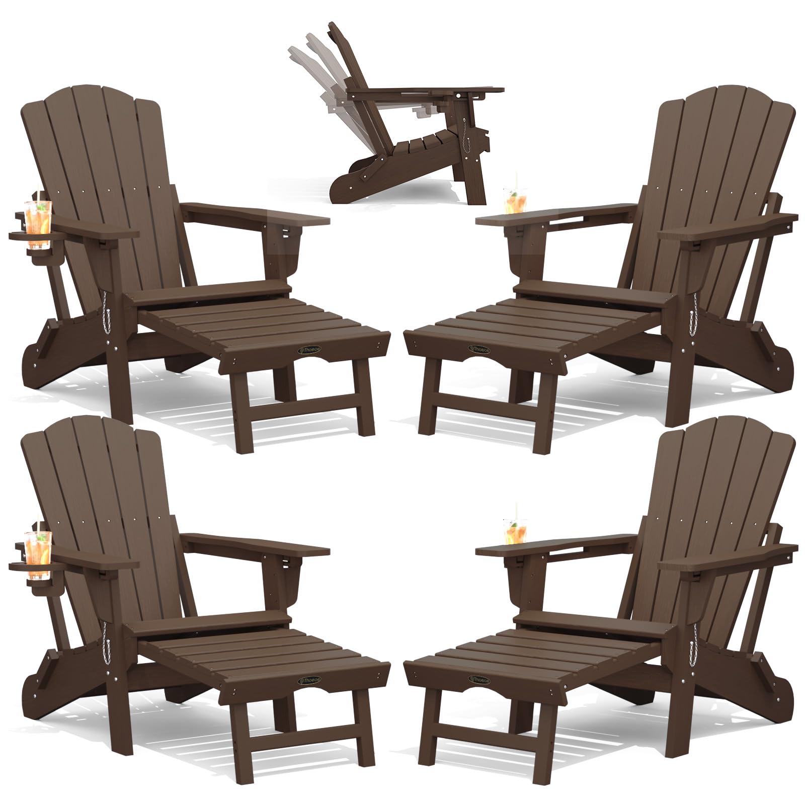 THOEOE Adjustable Adirondack Chair with Retractable Ottoman, HDEP Folding Adirondack Chairs with Footrest 2-in-1 Cup Holder, All Weather Outoor Fire Pit Chair with Foot Rest Set 1 Black