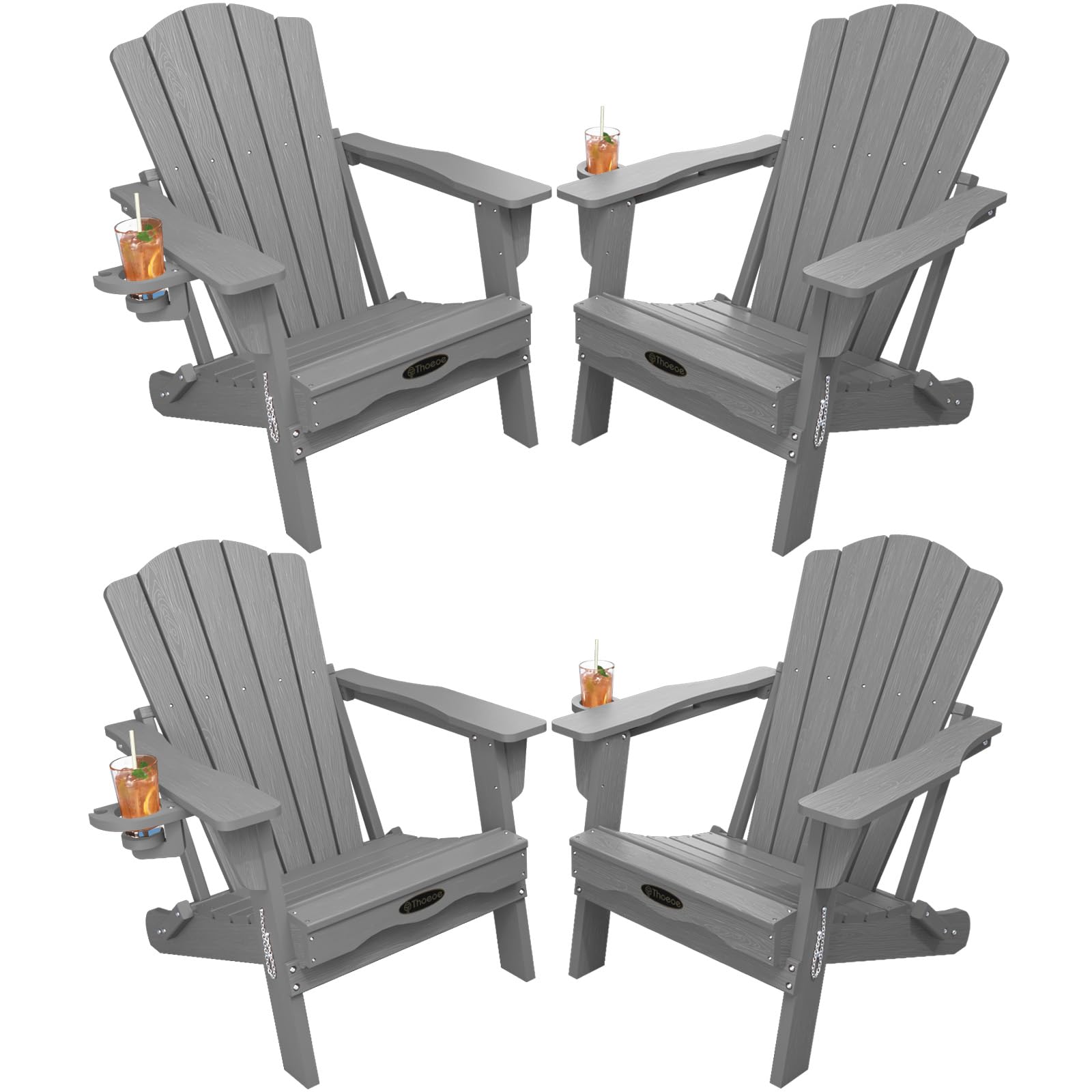 THOEOE Folding Adirondack Chair,HDPE All-Weather Outdoor Chair with Cup Holder,Wooden Textured,Fire Pit Chair,Plastic Patio Chair for Deck,Backyard,Garden,Lawn, Black
