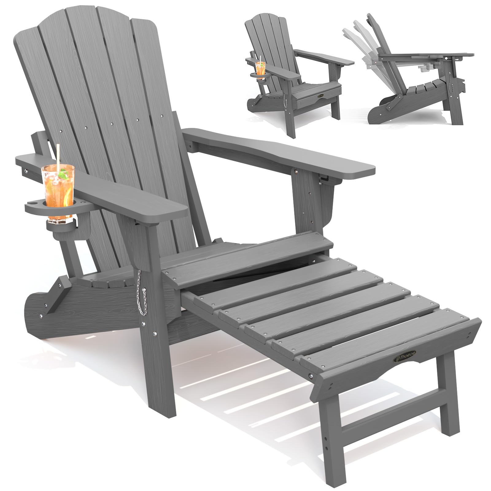 THOEOE Adjustable Adirondack Chair with Retractable Ottoman, HDEP Folding Adirondack Chairs with Footrest 2-in-1 Cup Holder, All Weather Outoor Fire Pit Chair with Foot Rest Set 1 Black