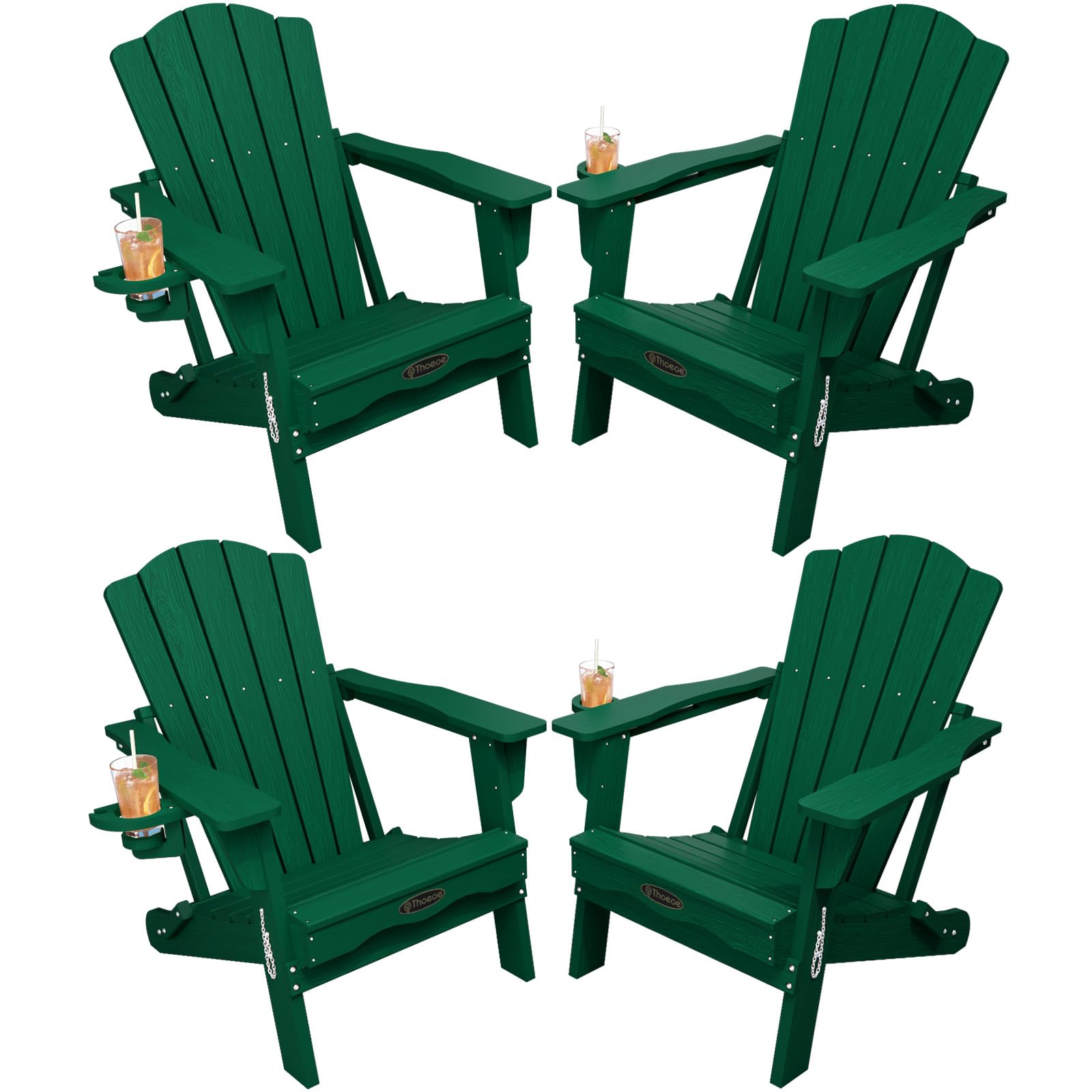 THOEOE Folding Adirondack Chair,HDPE All-Weather Outdoor Chair with Cup Holder,Wooden Textured,Fire Pit Chair,Plastic Patio Chair for Deck,Backyard,Garden,Lawn, Black