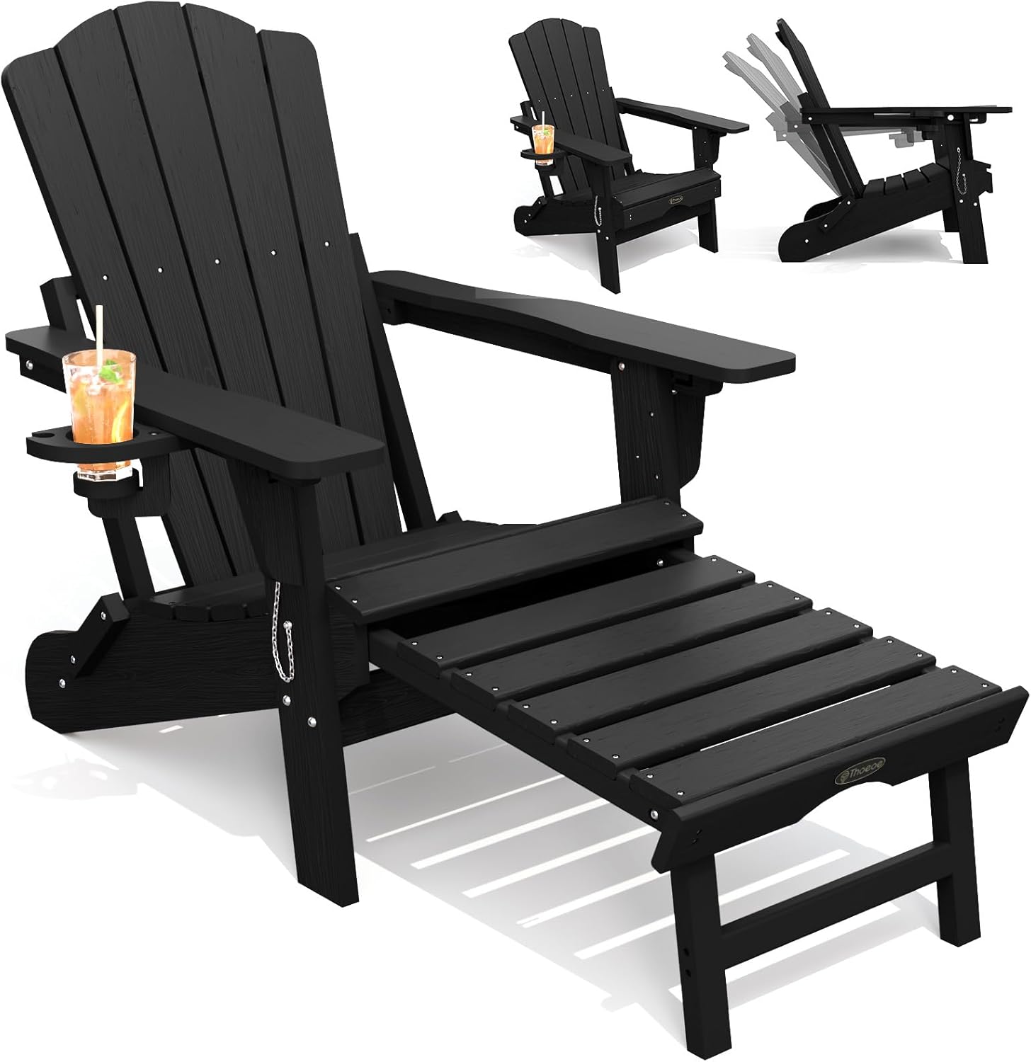 THOEOE Adjustable Adirondack Chair with Retractable Ottoman, HDEP Folding Adirondack Chairs with Footrest 2-in-1 Cup Holder, All Weather Outoor Fire Pit Chair with Foot Rest Set 1 Black