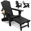THOEOE Adjustable Adirondack Chair with Retractable Ottoman, HDEP Folding Adirondack Chairs with Footrest 2-in-1 Cup Holder, All Weather Outoor Fire Pit Chair with Foot Rest Set 1 Black