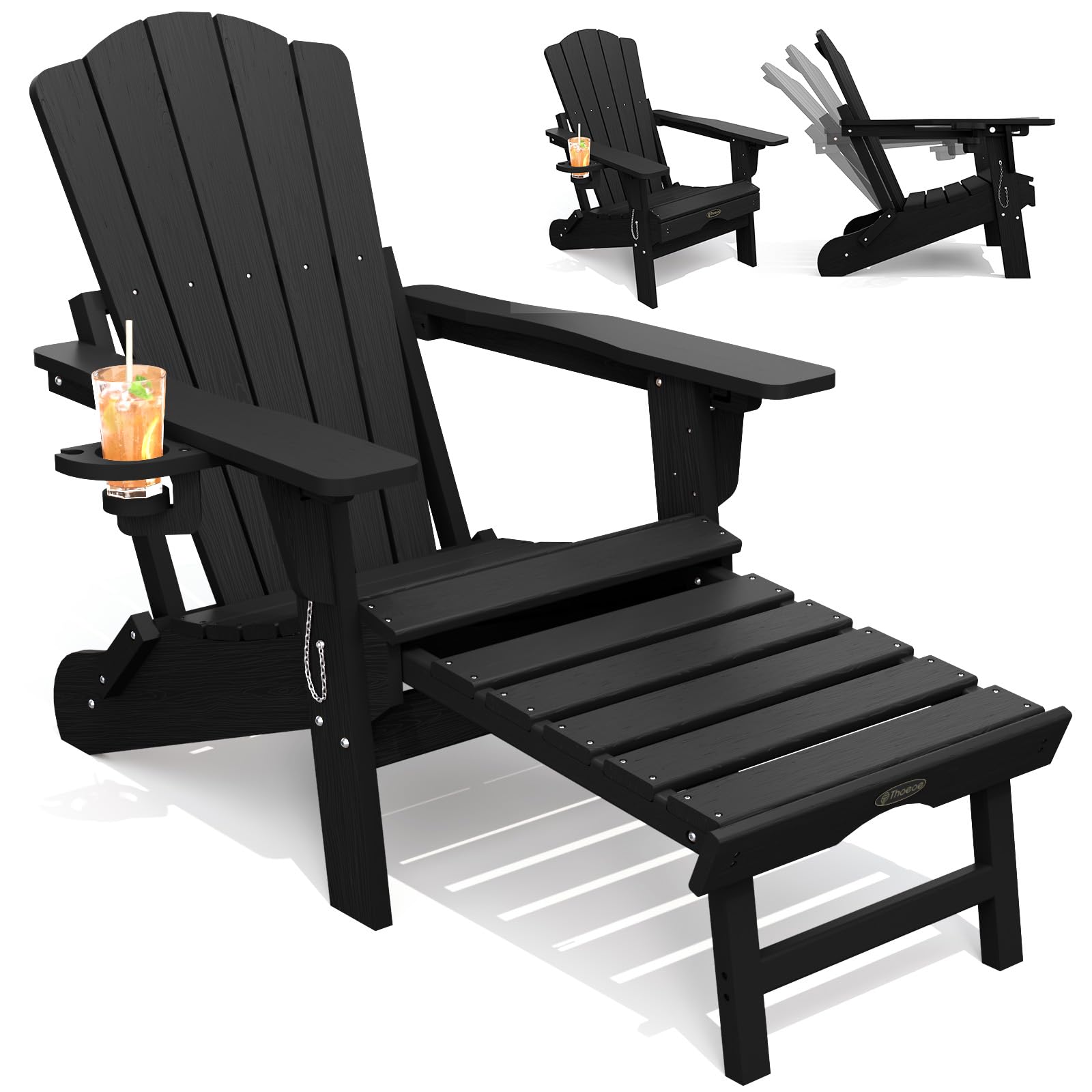 THOEOE Adjustable Adirondack Chair with Retractable Ottoman, HDEP Folding Adirondack Chairs with Footrest 2-in-1 Cup Holder, All Weather Outoor Fire Pit Chair with Foot Rest Set 1 Black