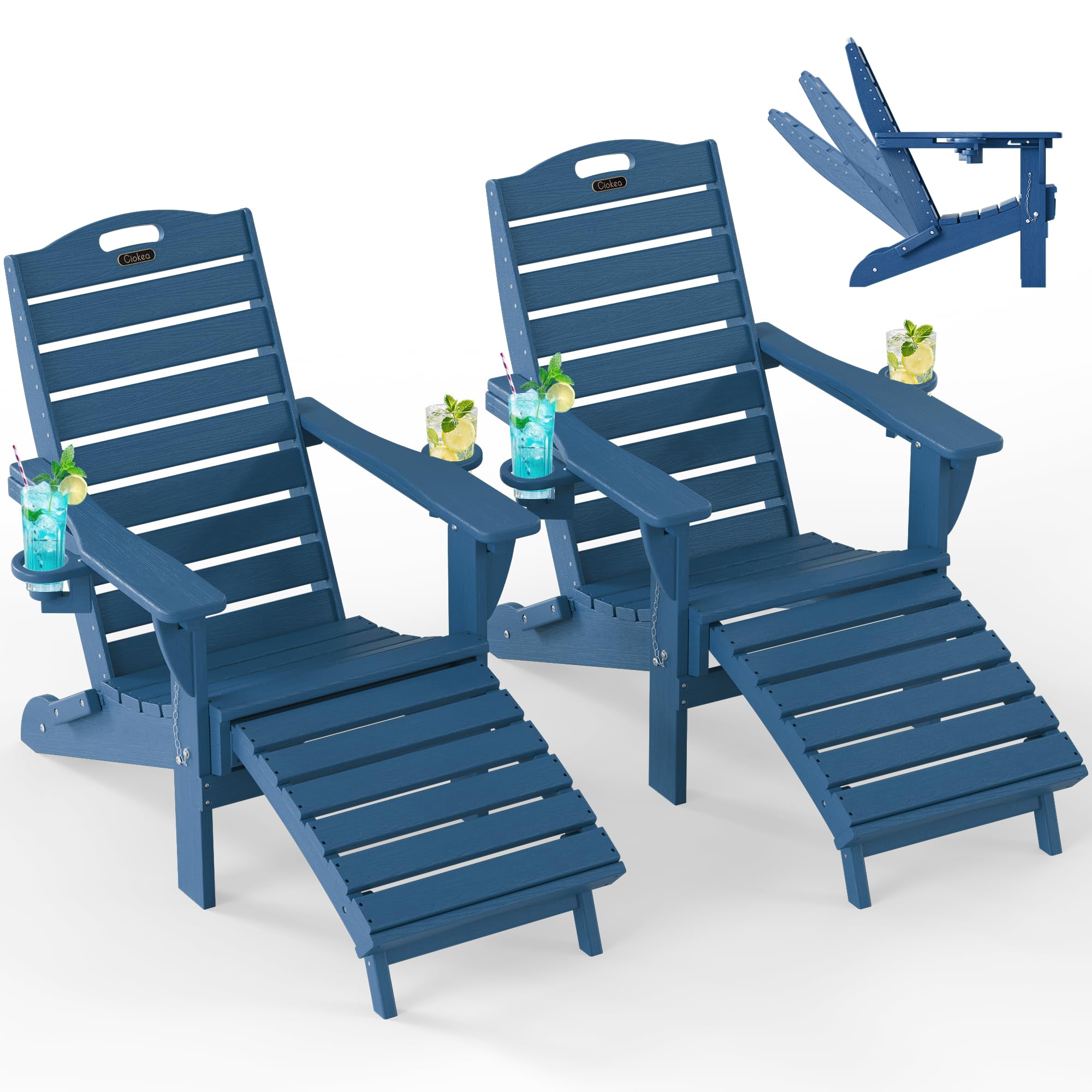 Ciokea Folding Adirondack Chair with Retractable Ottoman Fire Pit Patio Chair with Pull Out Foot Rest Weather Resistant Lawn Outdoor Lounge Chair with 2 Cup Holder (Grey)