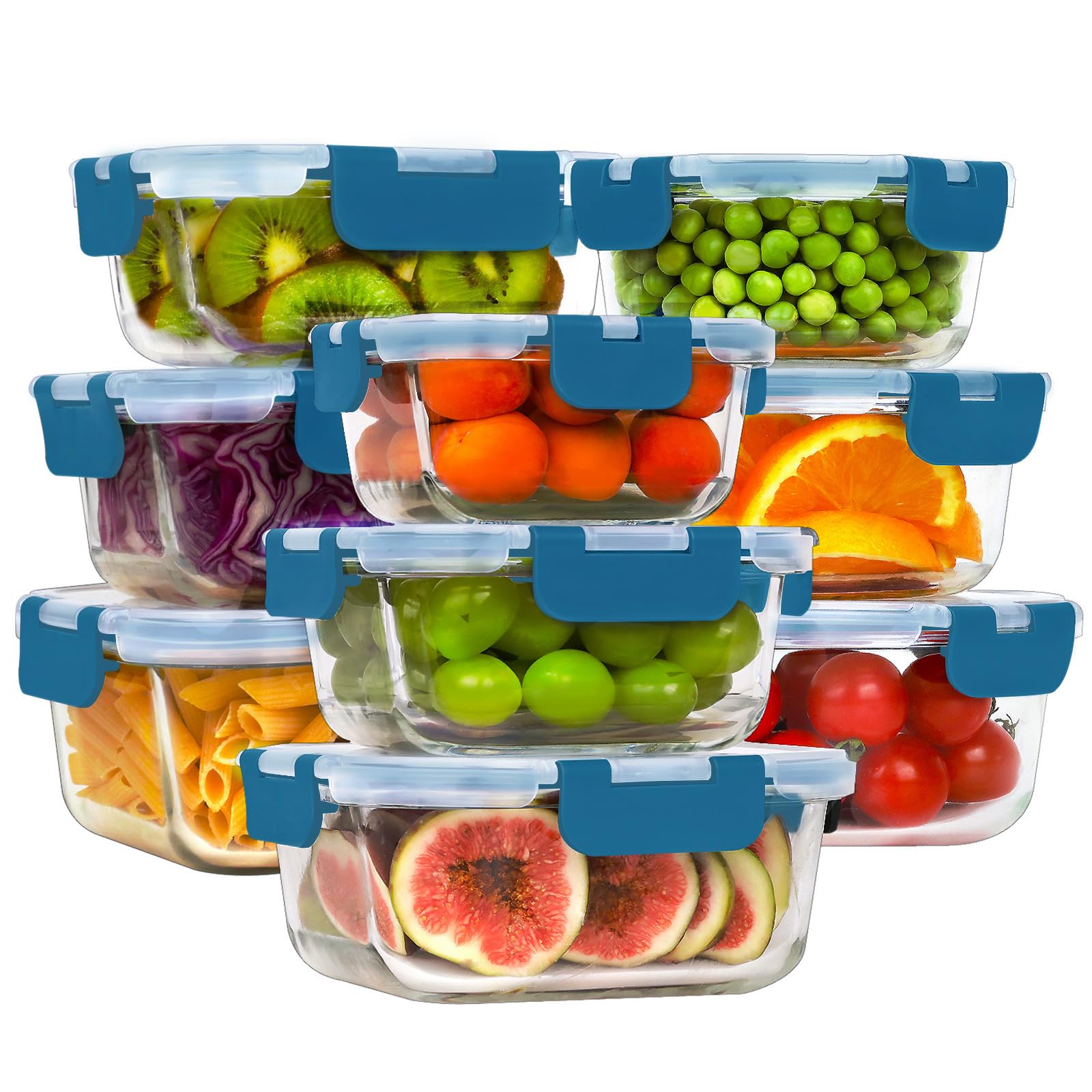 HOMBERKING 18 Piece Glass Food Storage Containers with Lids, Glass Meal Prep Containers, Airtight Lunch Bento Boxes, BPA-Free & Leak Proof, Oven, Freezer and Dishwasher Safe (9 lids & 9 Containers)