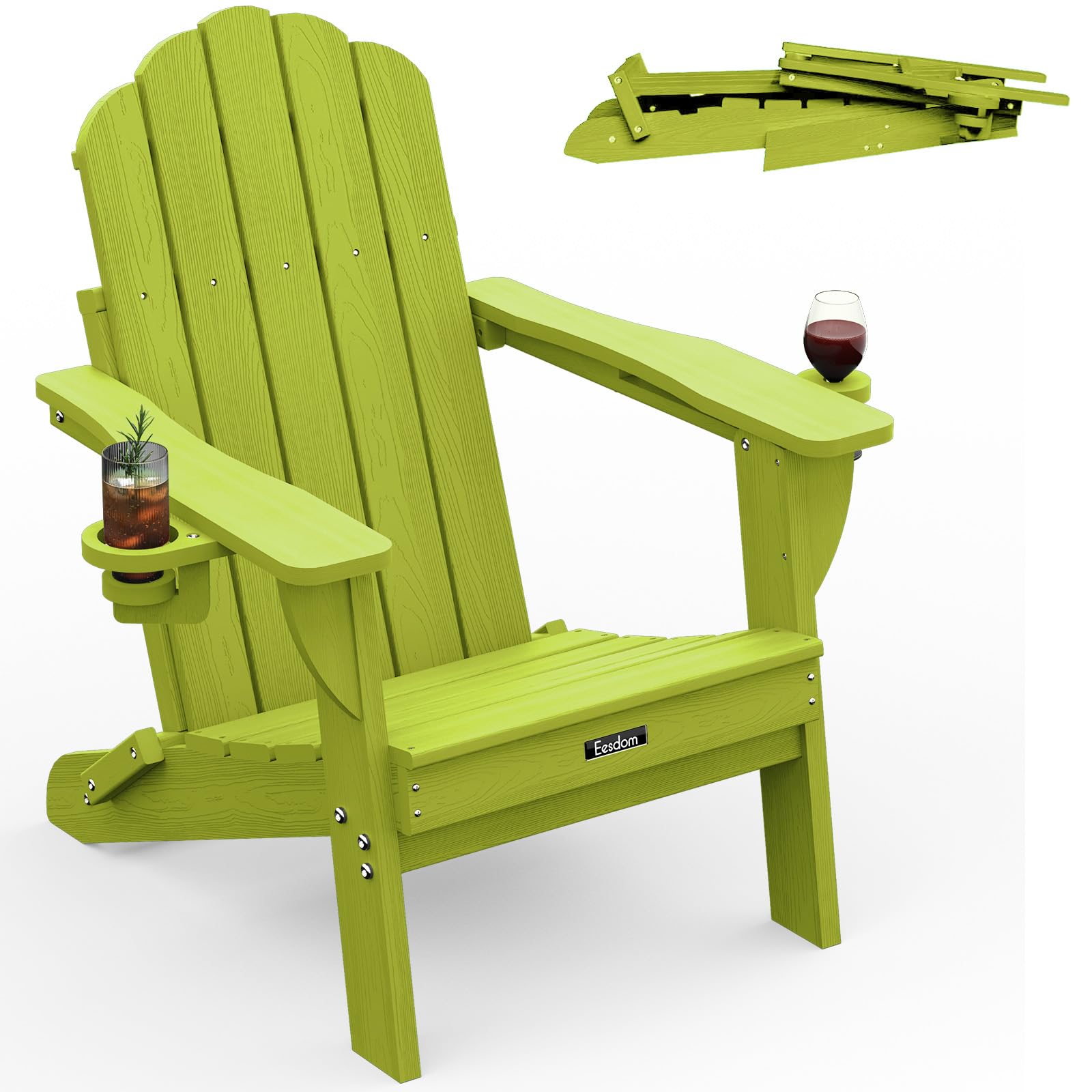 Folding Adirondack Chair,All-Weather HDPE Fire Pit Chair with 2 Cup Holders, Plastic Outdoor Chair for Patio Deck Garden Lawn, Black