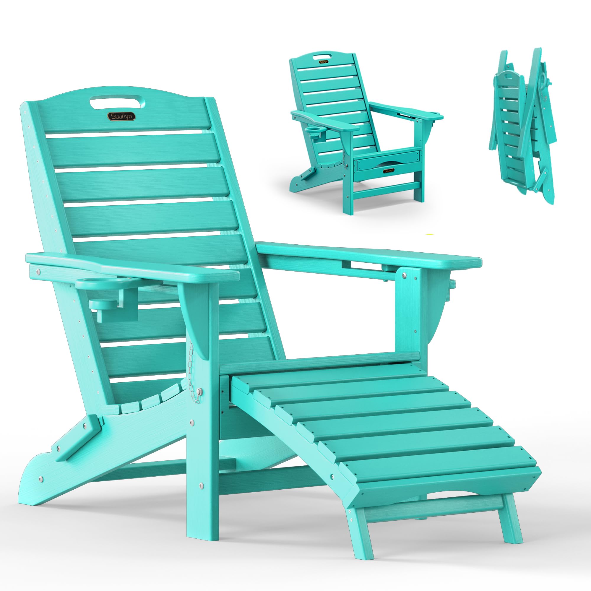 Folding Adirondack Chair with Retractable Ottoman, Weather Resistant Fire Pit Chair Patio Chair with 2 Cup Holder Lawn Outdoor Lounge Chair (Grey)