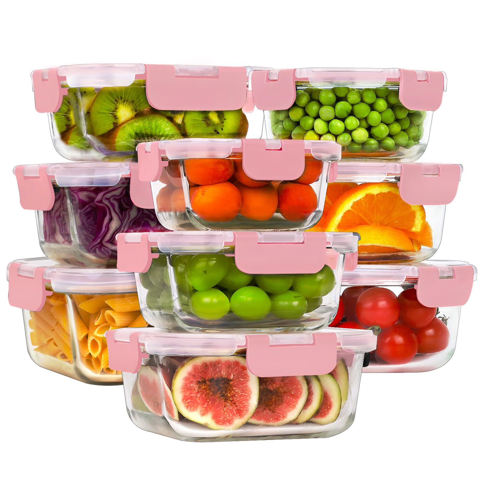 HOMBERKING 18 Piece Glass Food Storage Containers with Lids, Glass Meal Prep Containers, Airtight Lunch Bento Boxes, BPA-Free & Leak Proof, Oven, Freezer and Dishwasher Safe (9 lids & 9 Containers)