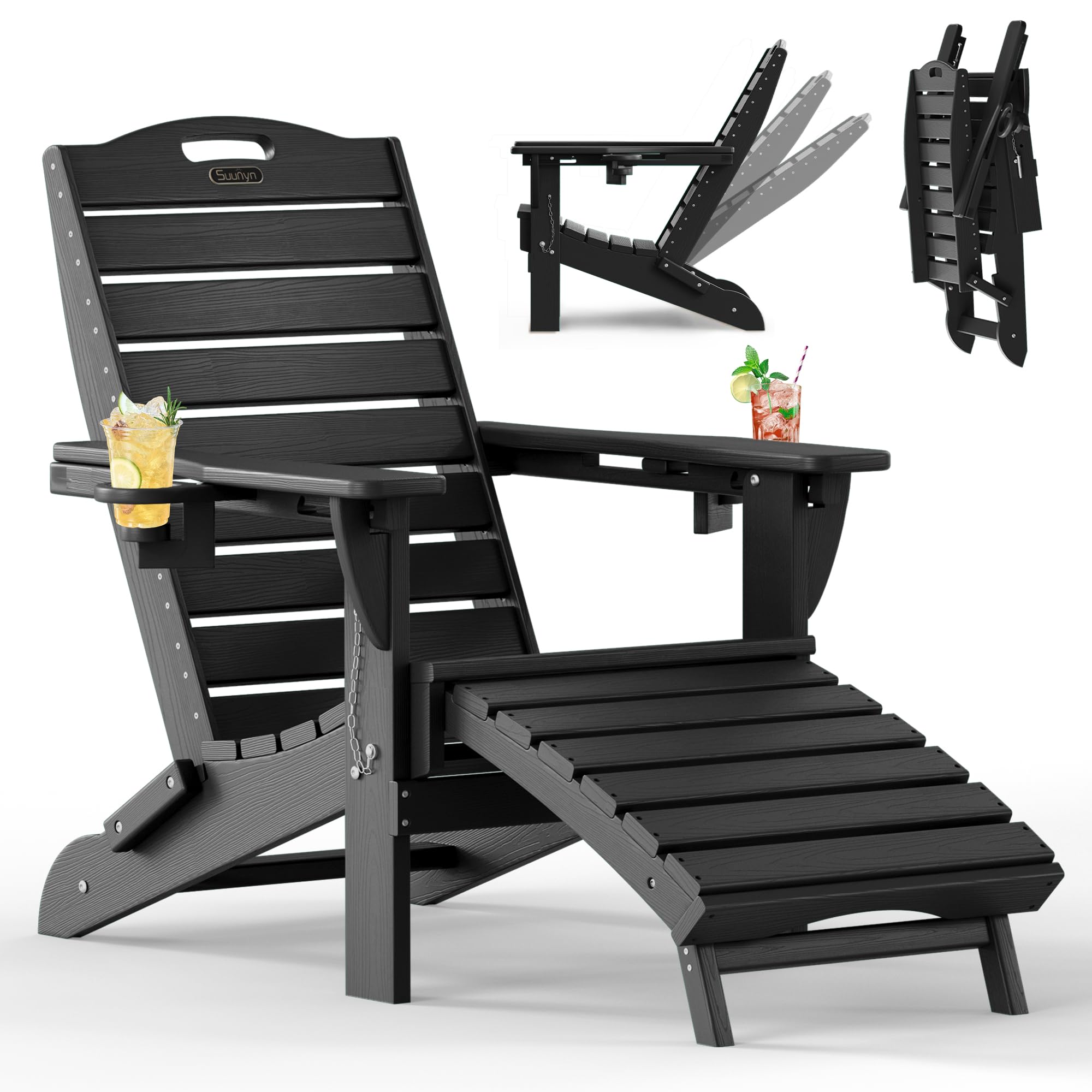 Folding Adirondack Chair with Retractable Ottoman, Weather Resistant Fire Pit Chair Patio Chair with 2 Cup Holder Lawn Outdoor Lounge Chair (Grey)