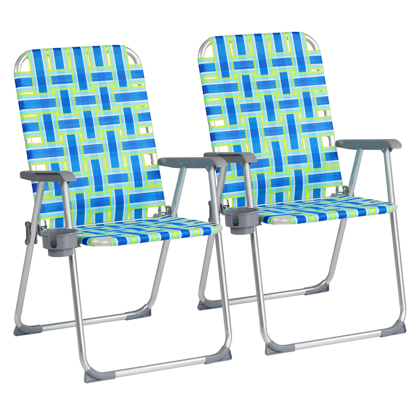 VINGLI Aluminum Patio Lawn Chairs Folding Set of 2 with Detachable Cup Holder, Webbed Beach Chair Folding Chair Outdoor Portable Camping Chair for Yard, Garden Blue alulawnchair