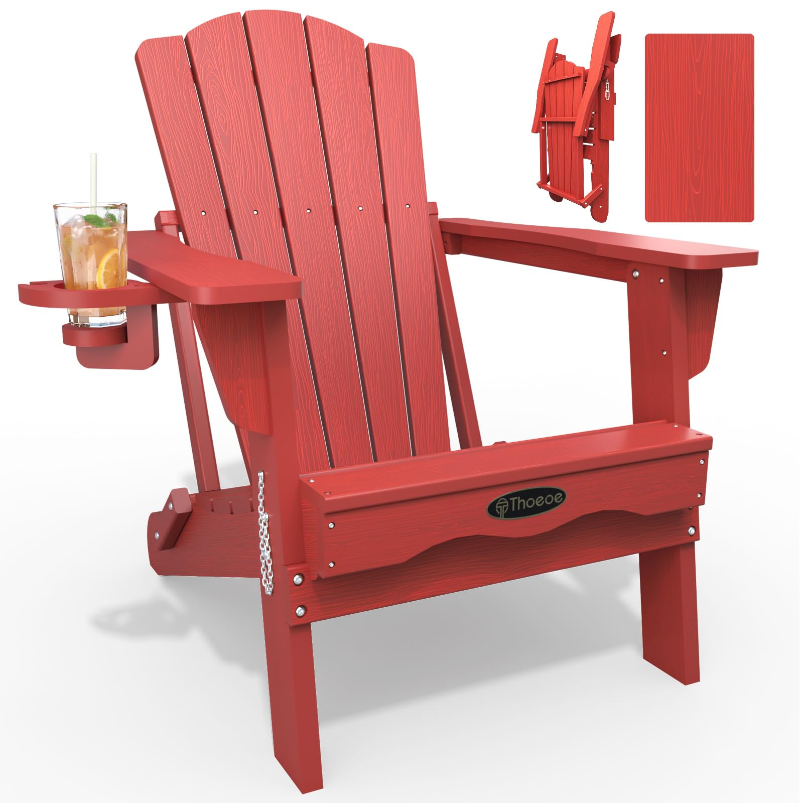 THOEOE Folding Adirondack Chair,HDPE All-Weather Outdoor Chair with Cup Holder,Wooden Textured,Fire Pit Chair,Plastic Patio Chair for Deck,Backyard,Garden,Lawn, Black