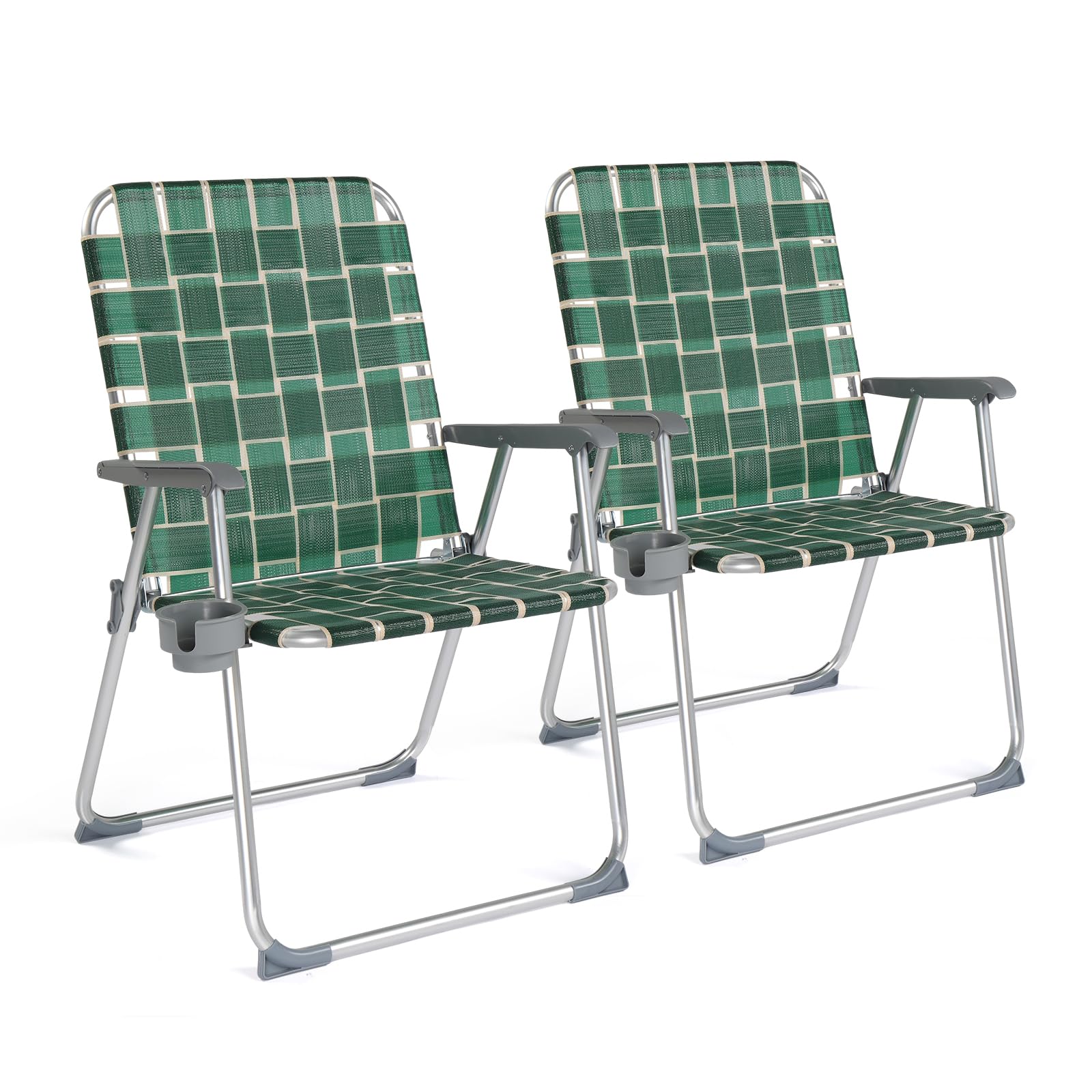 VINGLI Aluminum Patio Lawn Chairs Folding Set of 2 with Detachable Cup Holder, Webbed Beach Chair Folding Chair Outdoor Portable Camping Chair for Yard, Garden Blue alulawnchair