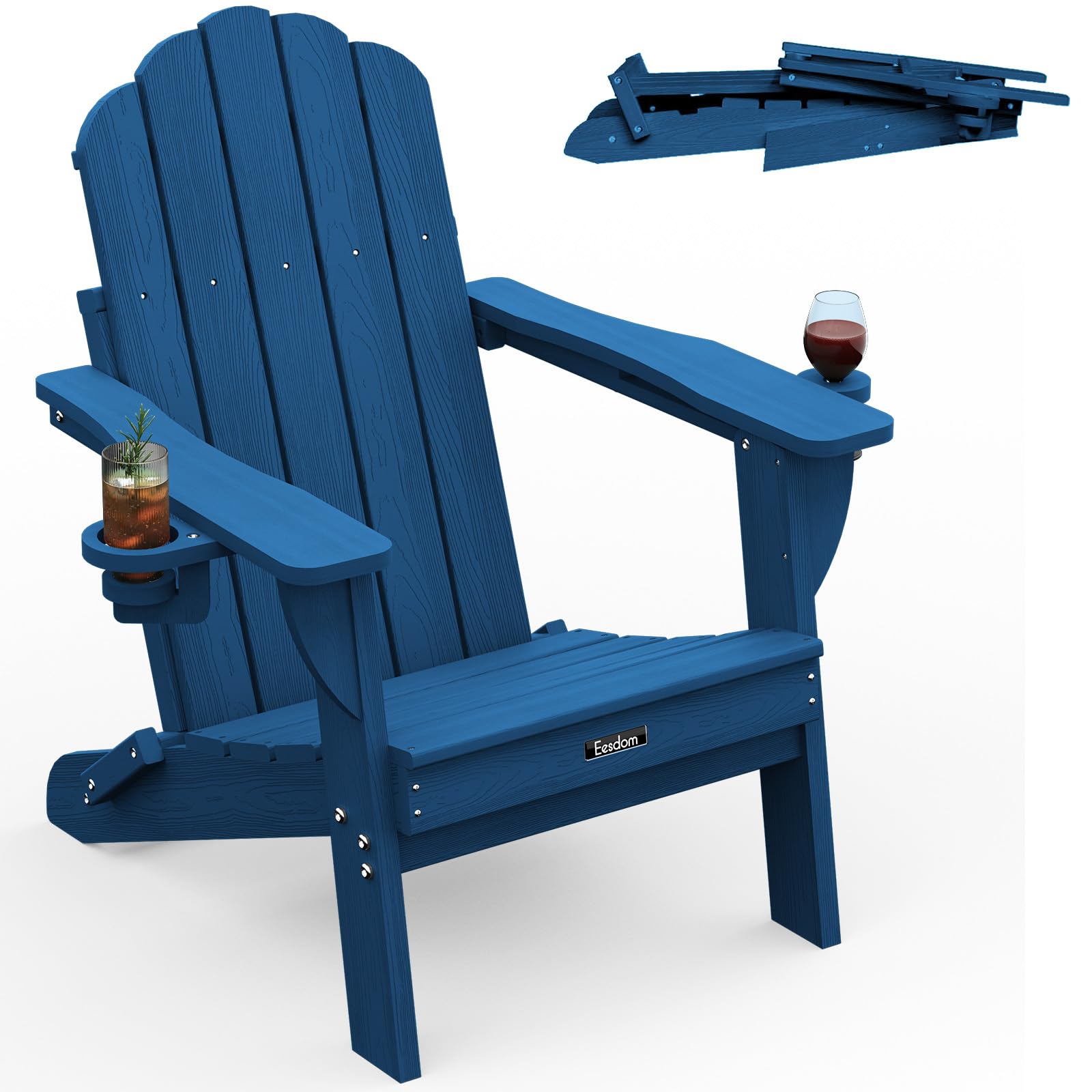 Folding Adirondack Chair,All-Weather HDPE Fire Pit Chair with 2 Cup Holders, Plastic Outdoor Chair for Patio Deck Garden Lawn, Black