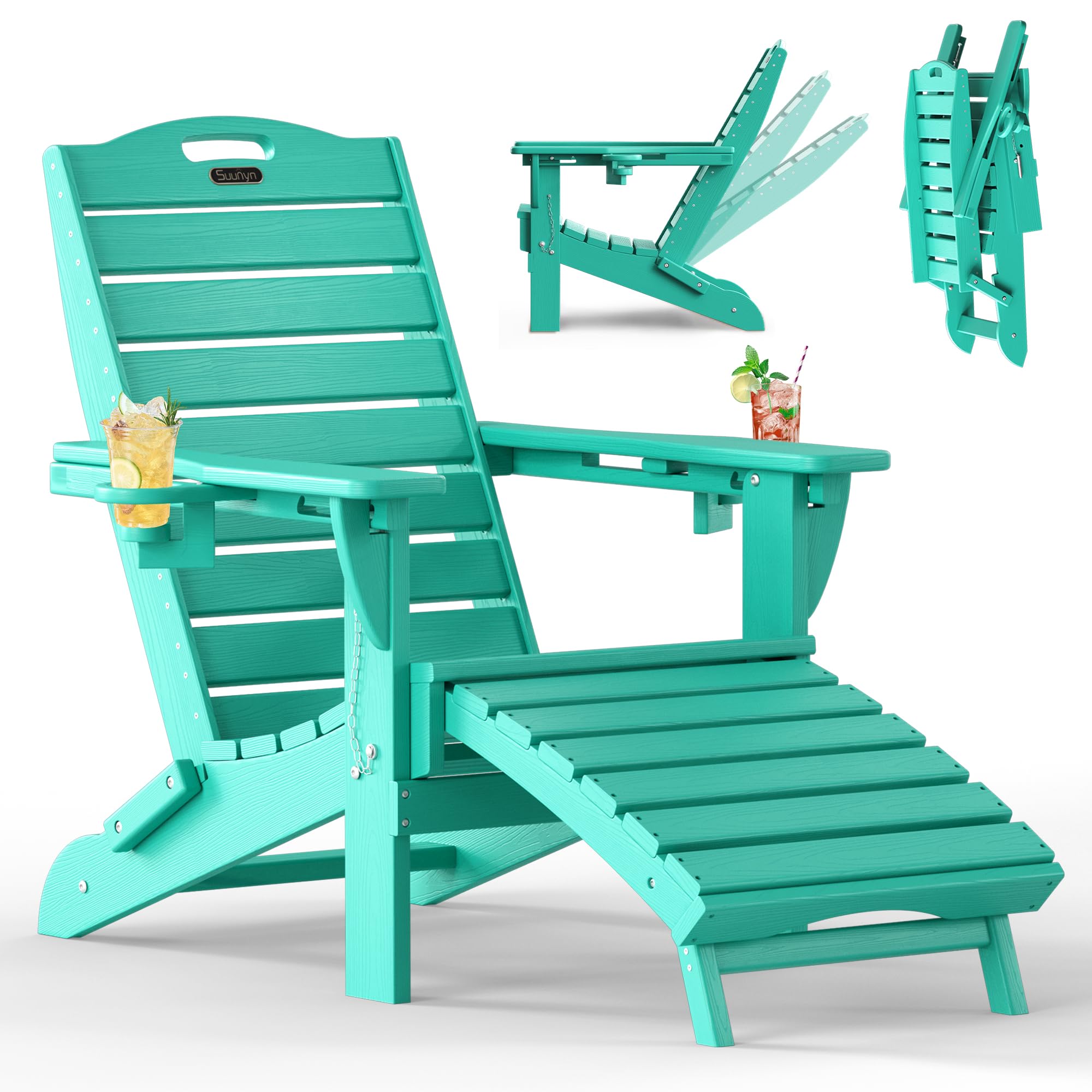 Folding Adirondack Chair with Retractable Ottoman, Weather Resistant Fire Pit Chair Patio Chair with 2 Cup Holder Lawn Outdoor Lounge Chair (Grey)