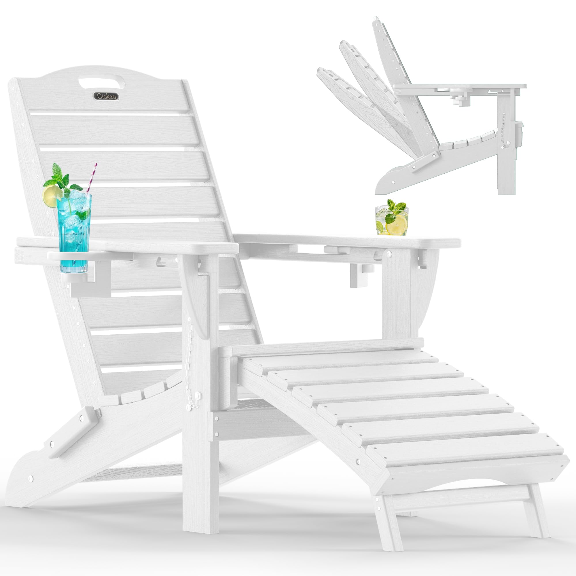 Ciokea Folding Adirondack Chair with Retractable Ottoman Fire Pit Patio Chair with Pull Out Foot Rest Weather Resistant Lawn Outdoor Lounge Chair with 2 Cup Holder (Grey)