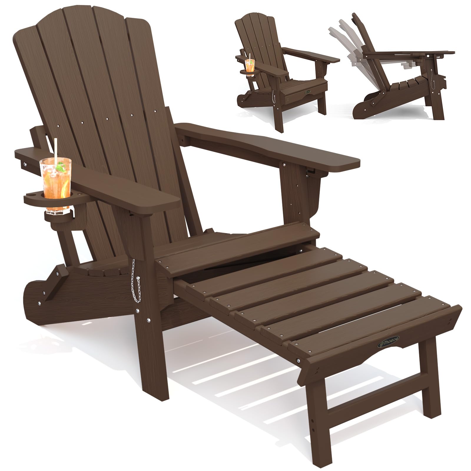 THOEOE Adjustable Adirondack Chair with Retractable Ottoman, HDEP Folding Adirondack Chairs with Footrest 2-in-1 Cup Holder, All Weather Outoor Fire Pit Chair with Foot Rest Set 1 Black
