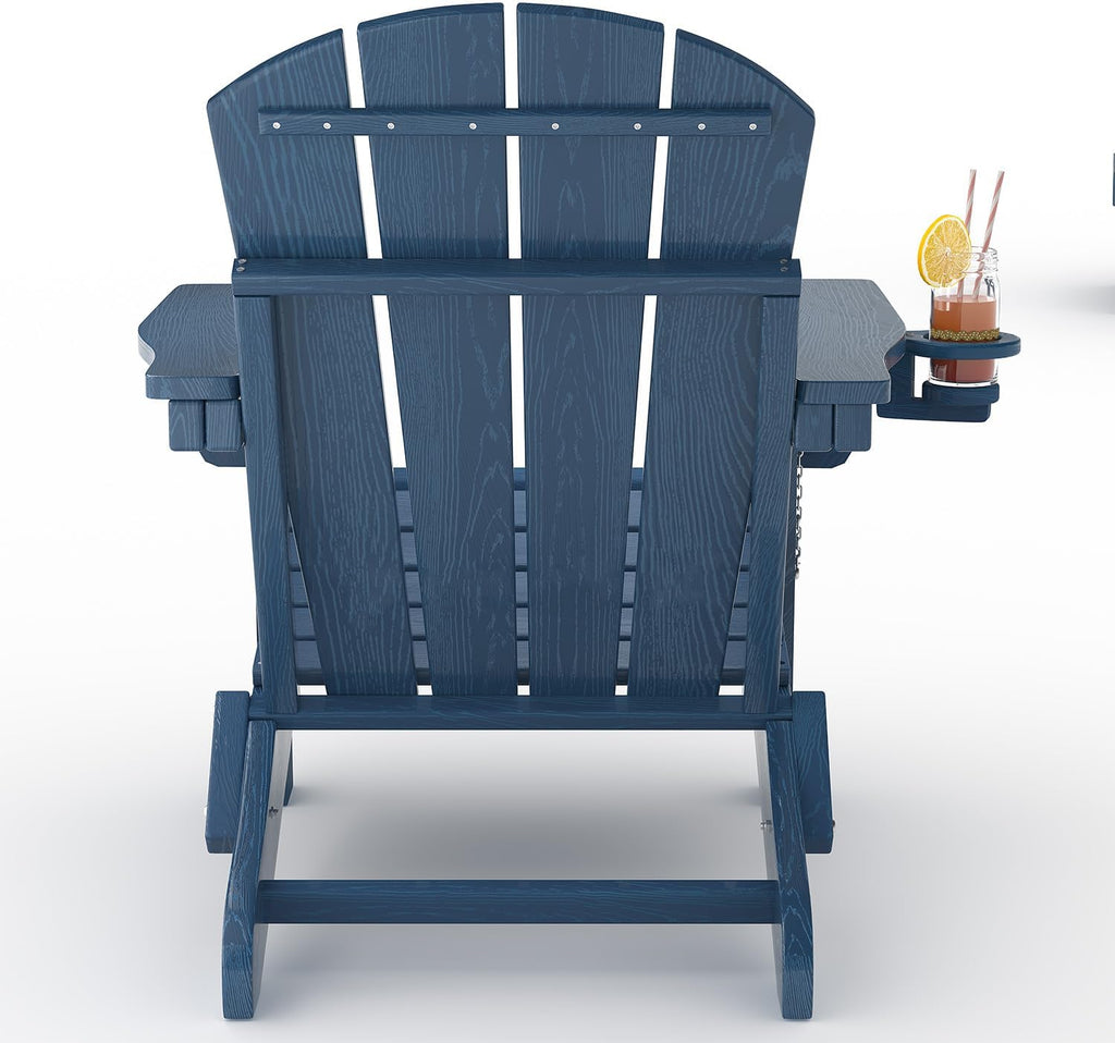 GarveeLife Folding Adirondack Chair Set of 2, All-Weather HDPE Outdoor Chair, Wooden Textured with Cup Holder for patios, Decks, Gardens, fire pits, Navy Blue