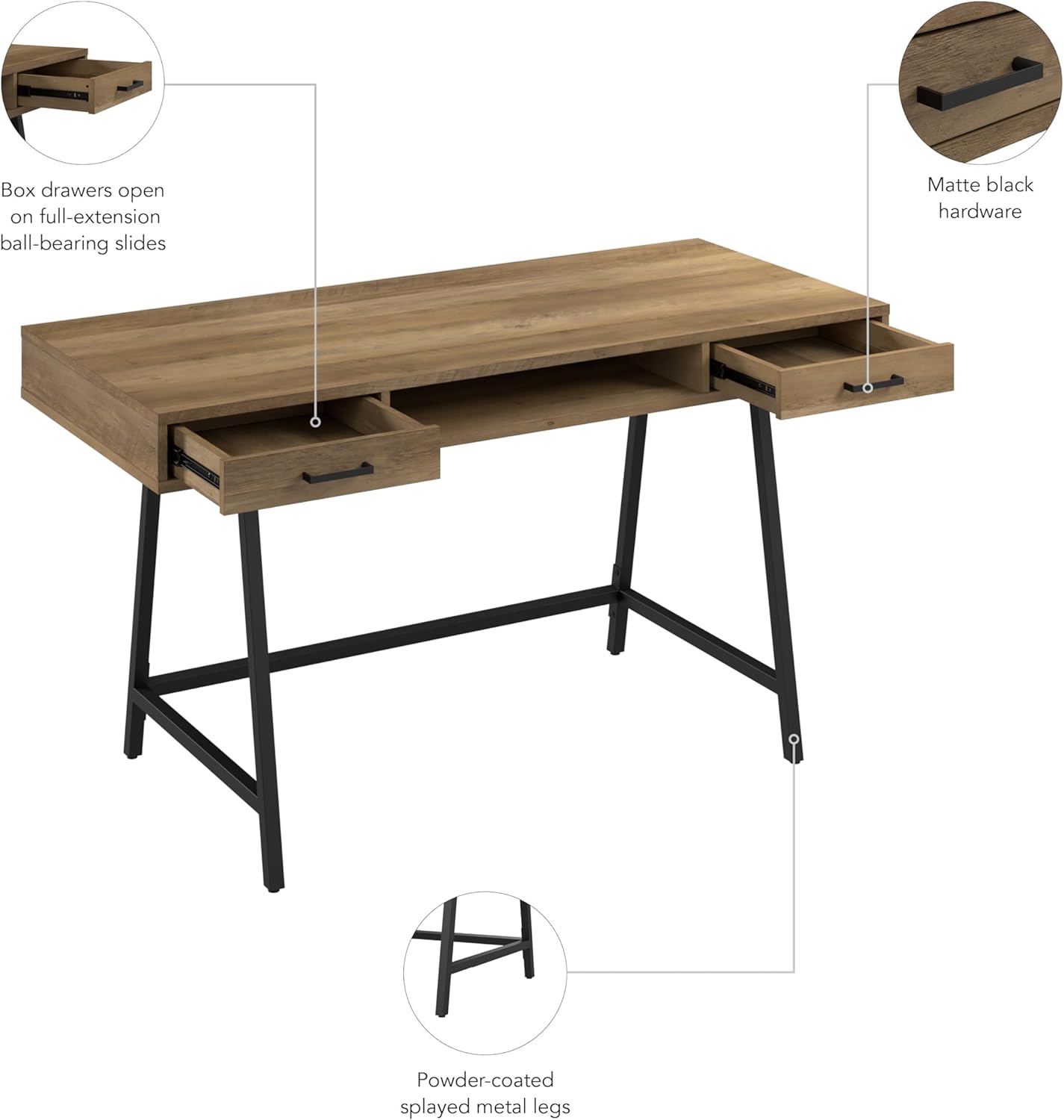 Bush Home Steele 54W Writing Desk with Storage in Reclaimed Pine | Large Wooden Computer Table for Home Office Workspace