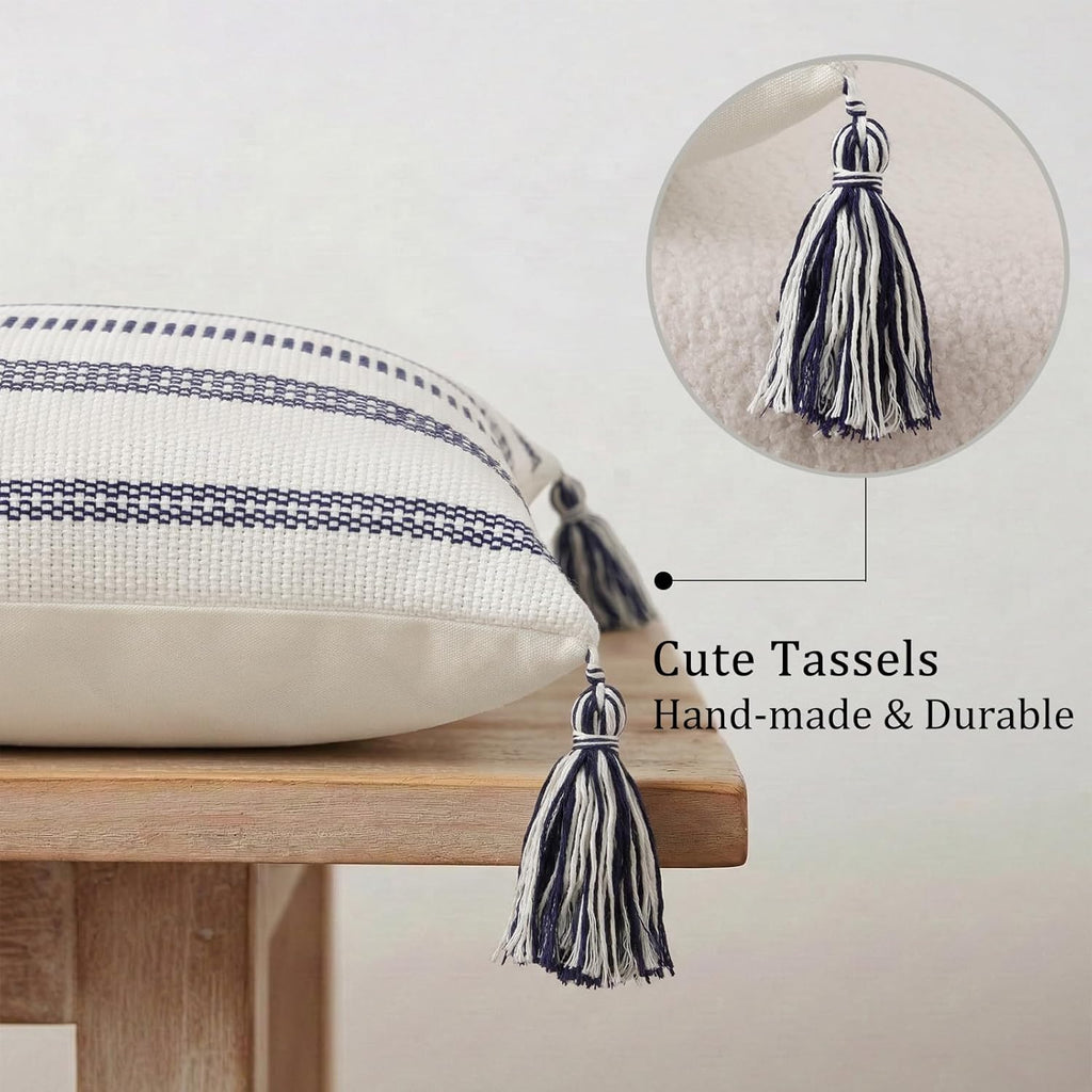 Boho Outdoor Couch Throw Pillow Covers Set of 2 Decorative Lumbar Thick Woven Striped Accent Neutral Pillow Covers with Tassels for Bed Sofa Home Decor 12x20 Inch, Navy Blue and Cream White