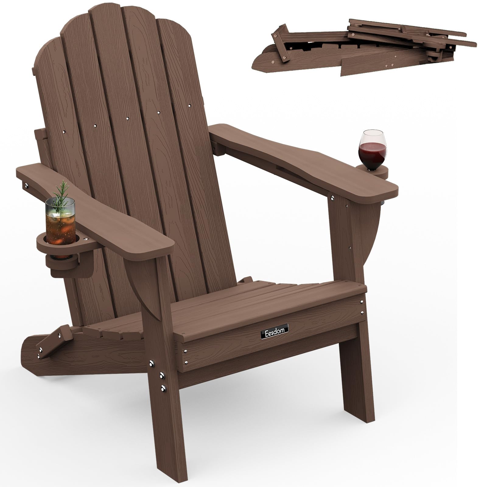 Folding Adirondack Chair,All-Weather HDPE Fire Pit Chair with 2 Cup Holders, Plastic Outdoor Chair for Patio Deck Garden Lawn, Black