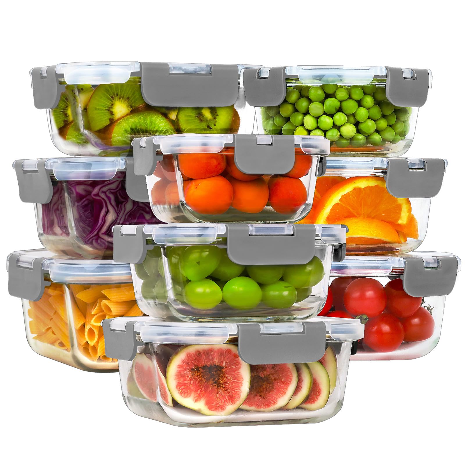 HOMBERKING 18 Piece Glass Food Storage Containers with Lids, Glass Meal Prep Containers, Airtight Lunch Bento Boxes, BPA-Free & Leak Proof, Oven, Freezer and Dishwasher Safe (9 lids & 9 Containers)