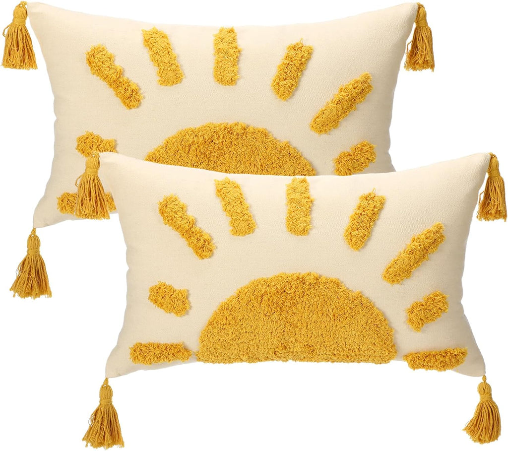 2 Pcs Sun Tufted Lumbar Pillow Cover 12x20 Inch Boho Velvet & Canvas Throw Pillow with Tassels, Yellow Cream Decorative Accent Pillows for Bed, Couch, Living Room & Farmhouse Decor