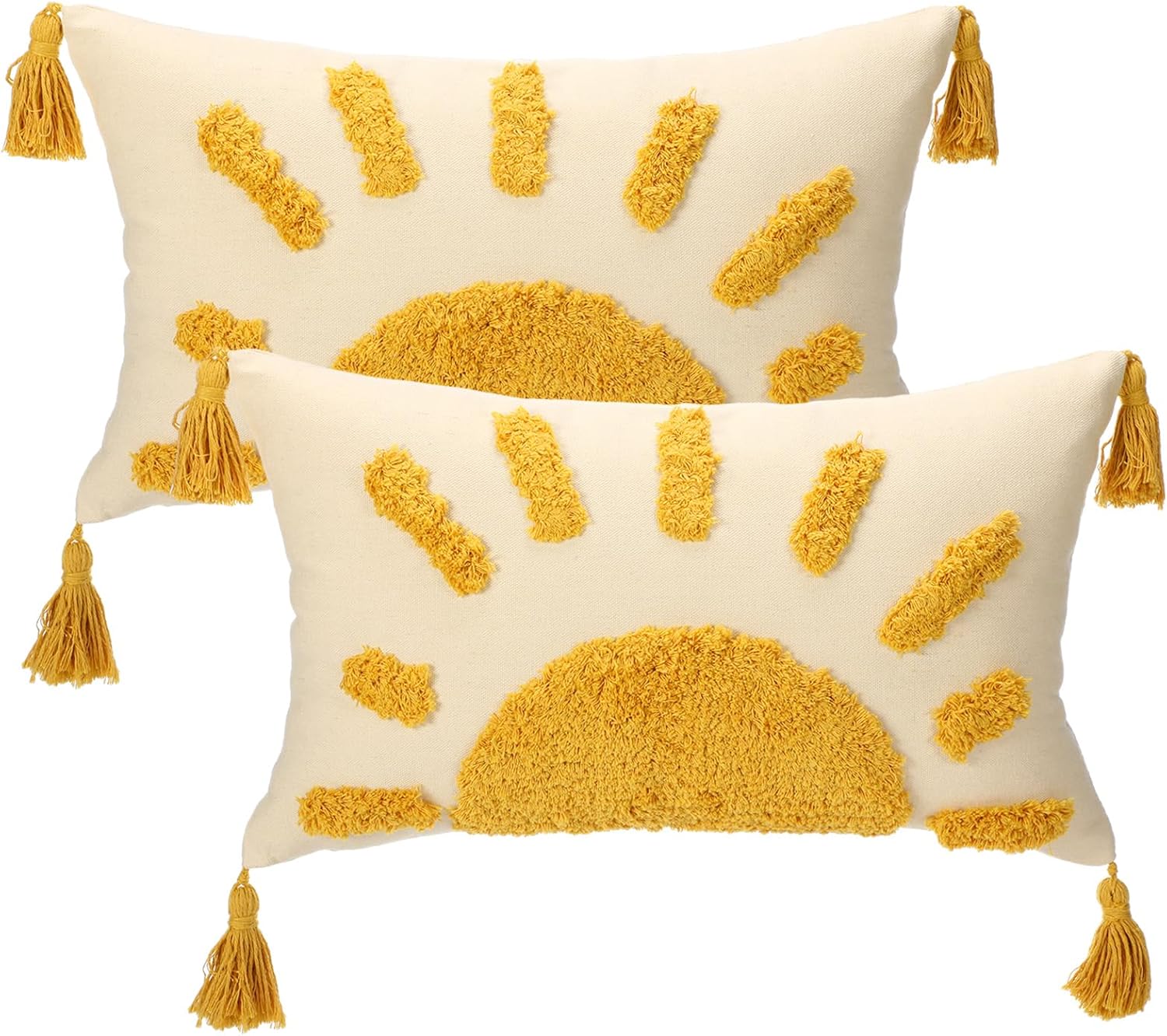 2 Pcs Sun Tufted Lumbar Pillow Cover 12x20 Inch Boho Velvet & Canvas Throw Pillow with Tassels, Yellow Cream Decorative Accent Pillows for Bed, Couch, Living Room & Farmhouse Decor