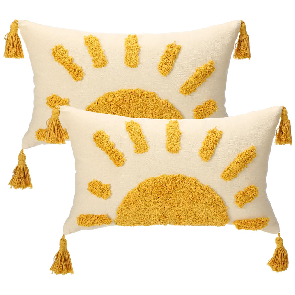 2 Pcs Sun Tufted Lumbar Pillow Cover 12x20 Inch Boho Velvet & Canvas Throw Pillow with Tassels, Yellow Cream Decorative Accent Pillows for Bed, Couch, Living Room & Farmhouse Decor