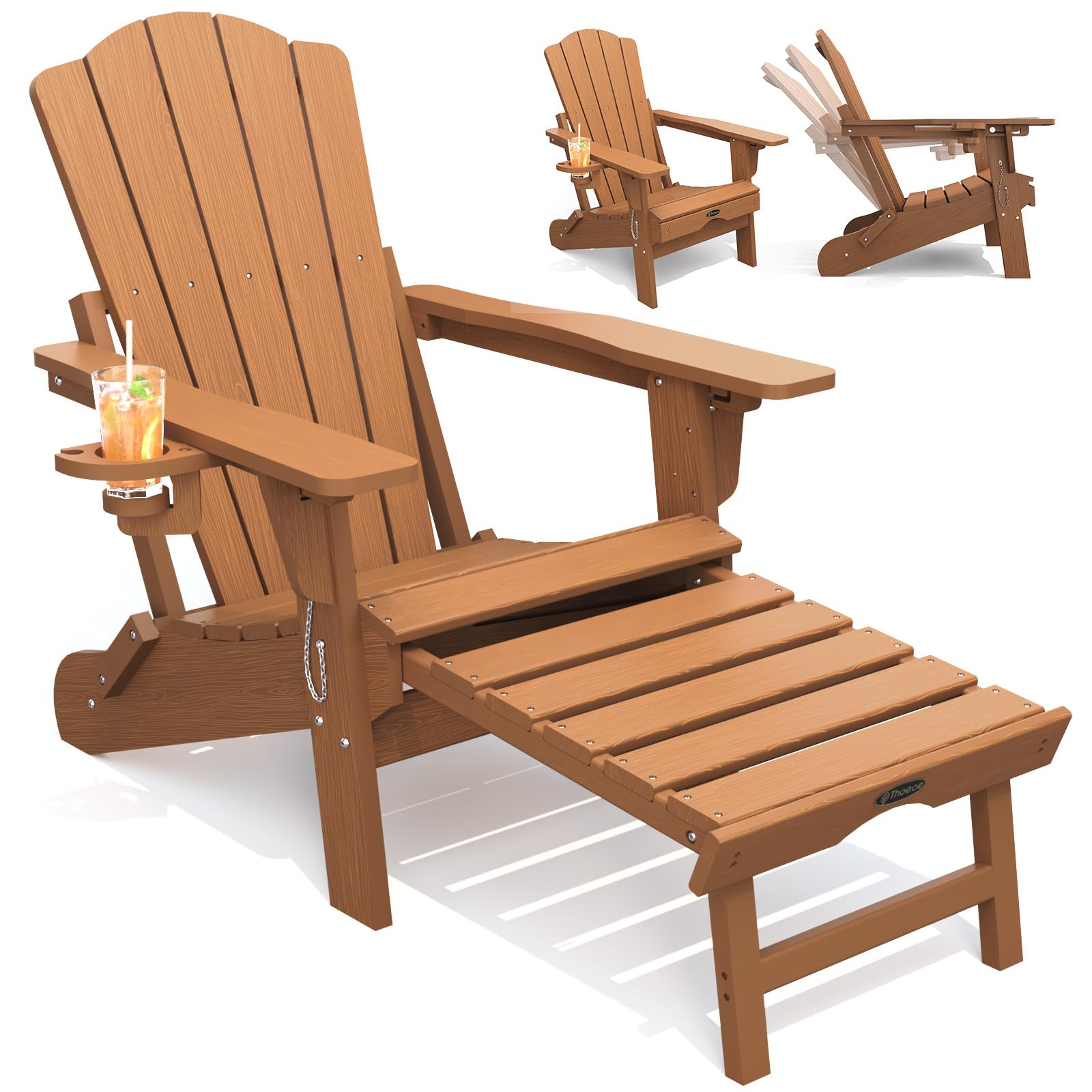 THOEOE Adjustable Adirondack Chair with Retractable Ottoman, HDEP Folding Adirondack Chairs with Footrest 2-in-1 Cup Holder, All Weather Outoor Fire Pit Chair with Foot Rest Set 1 Black