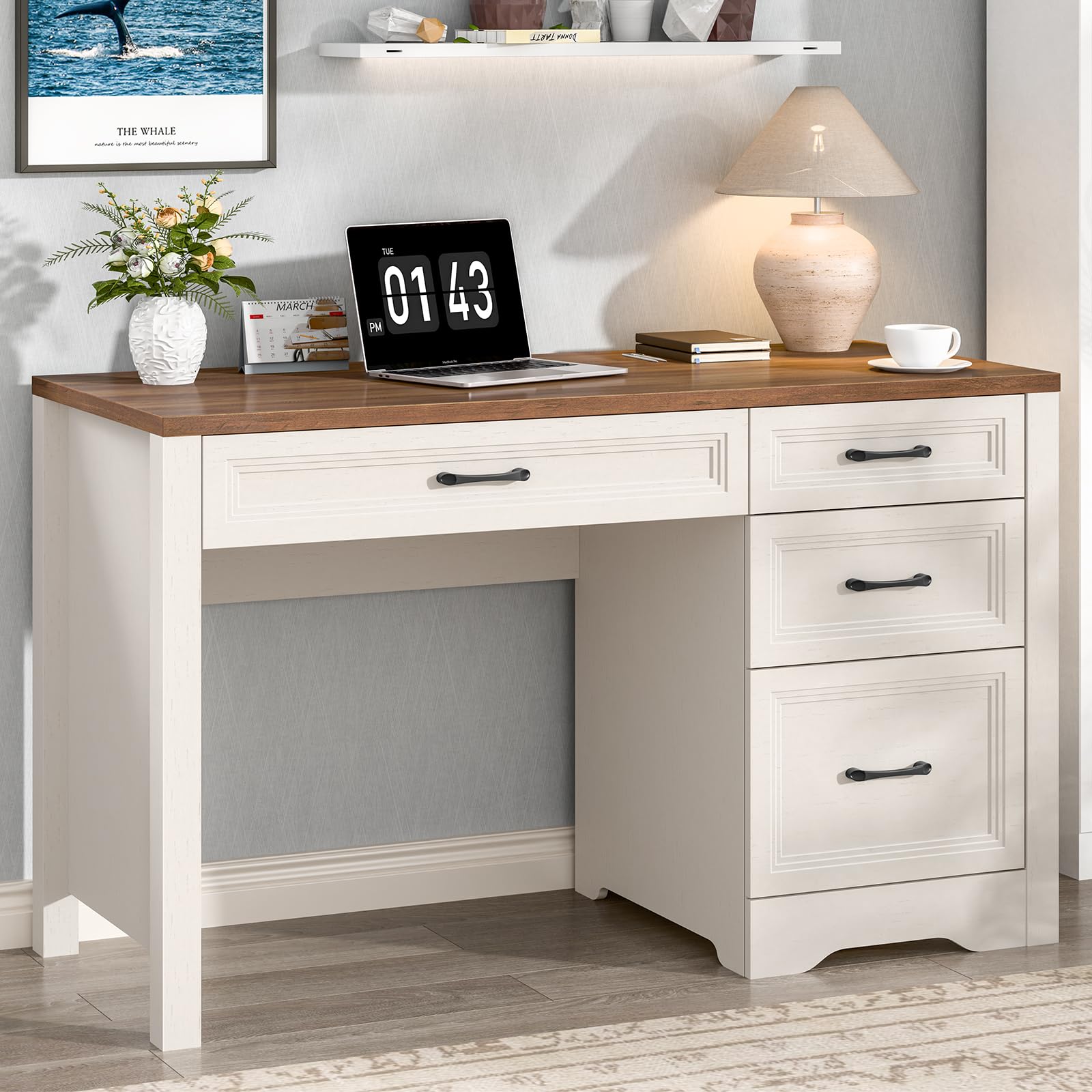 Vabches Farmhouse Executive Desk, Wood Home Office Desk with 2 Large File Drawers and 5 Storage Cabinets, Rustic Writing Desk for Work and Study, Brown