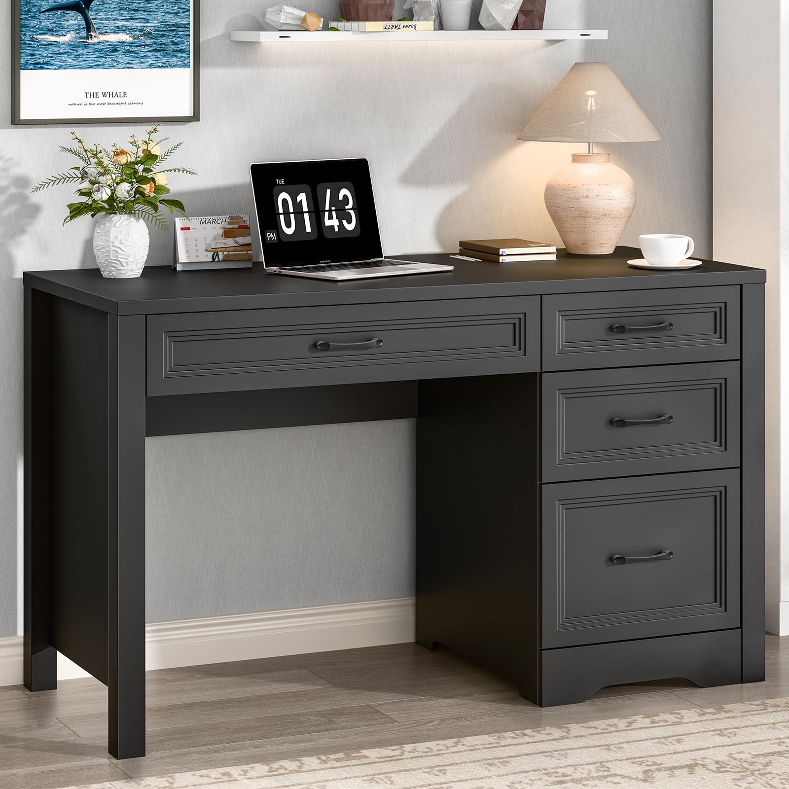 Vabches Farmhouse Executive Desk, Wood Home Office Desk with 2 Large File Drawers and 5 Storage Cabinets, Rustic Writing Desk for Work and Study, Brown