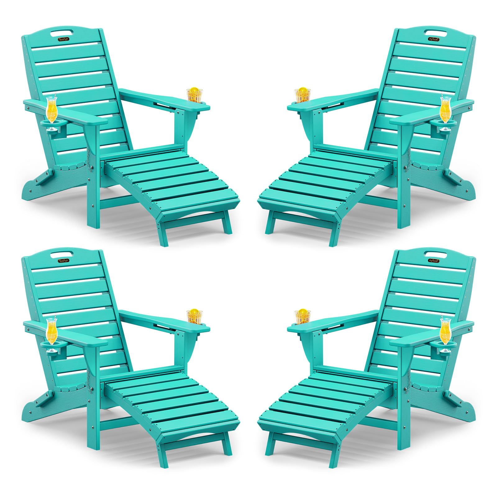 Folding Adirondack Chair with Retractable Ottoman, Weather Resistant Fire Pit Chair Patio Chair with 2 Cup Holder Lawn Outdoor Lounge Chair (Grey)