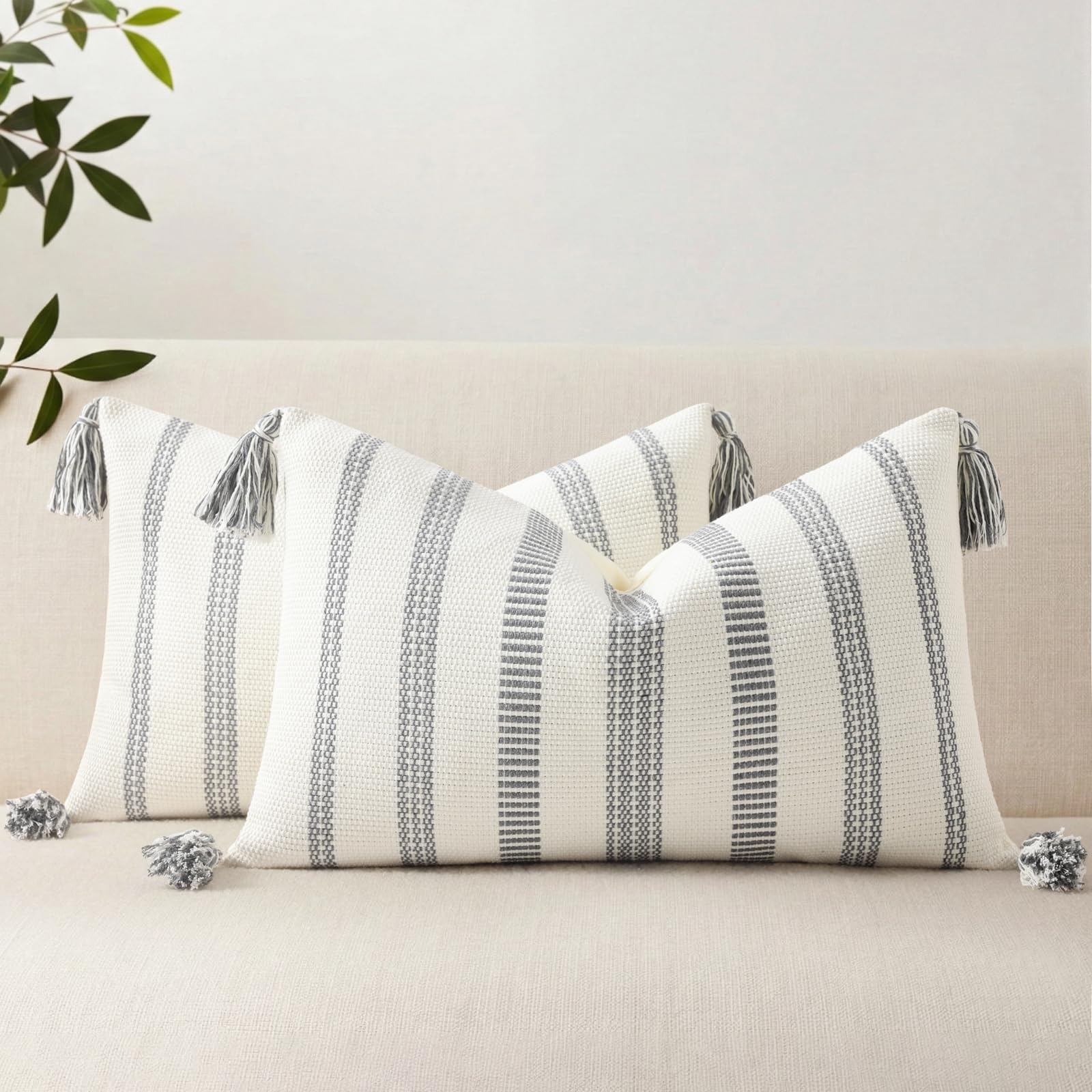 Boho Outdoor Couch Throw Pillow Covers Set of 2 Decorative Lumbar Thick Woven Striped Accent Neutral Pillow Covers with Tassels for Bed Sofa Home Decor 12x20 Inch, Navy Blue and Cream White