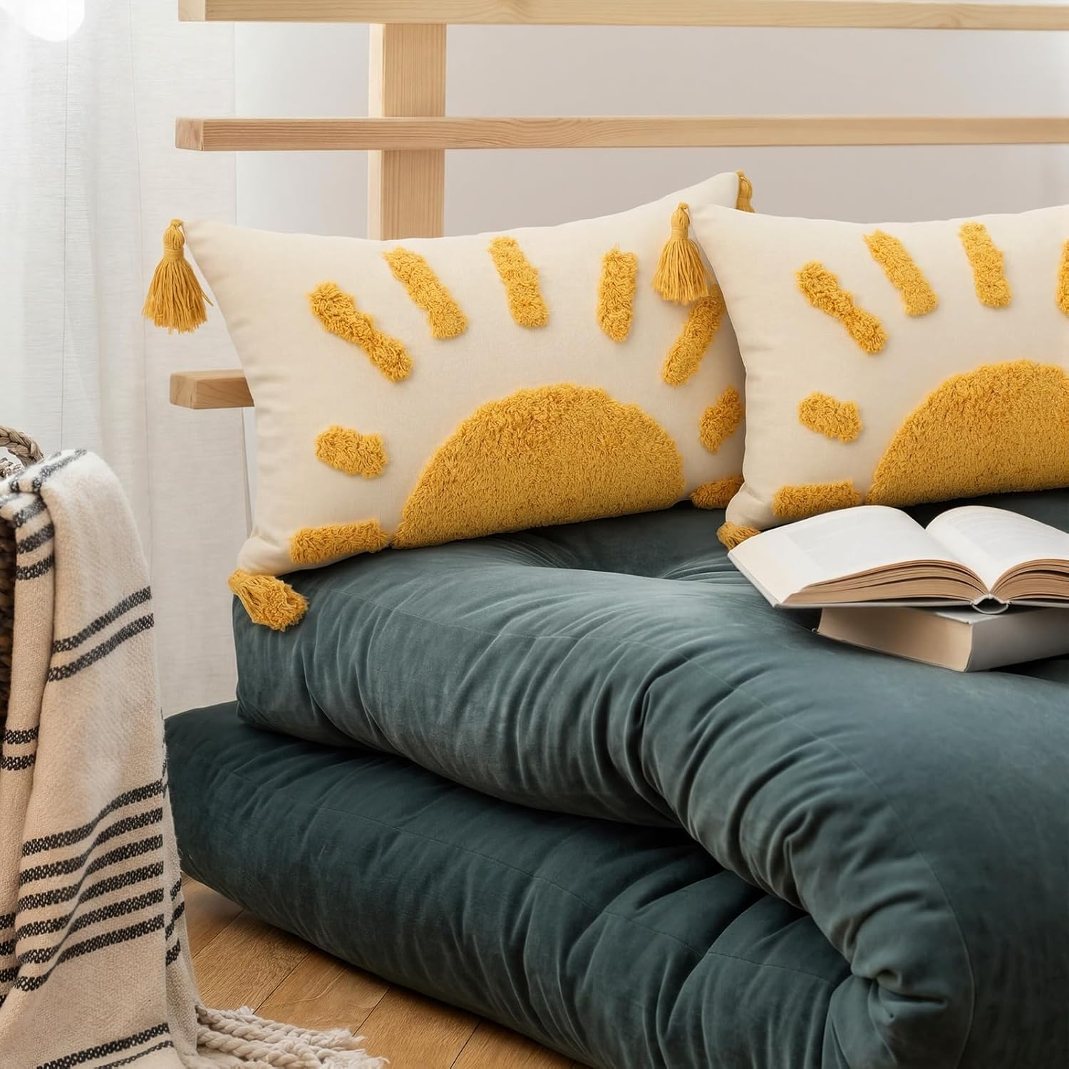 2 Pcs Sun Tufted Lumbar Pillow Cover 12x20 Inch Boho Velvet & Canvas Throw Pillow with Tassels, Yellow Cream Decorative Accent Pillows for Bed, Couch, Living Room & Farmhouse Decor