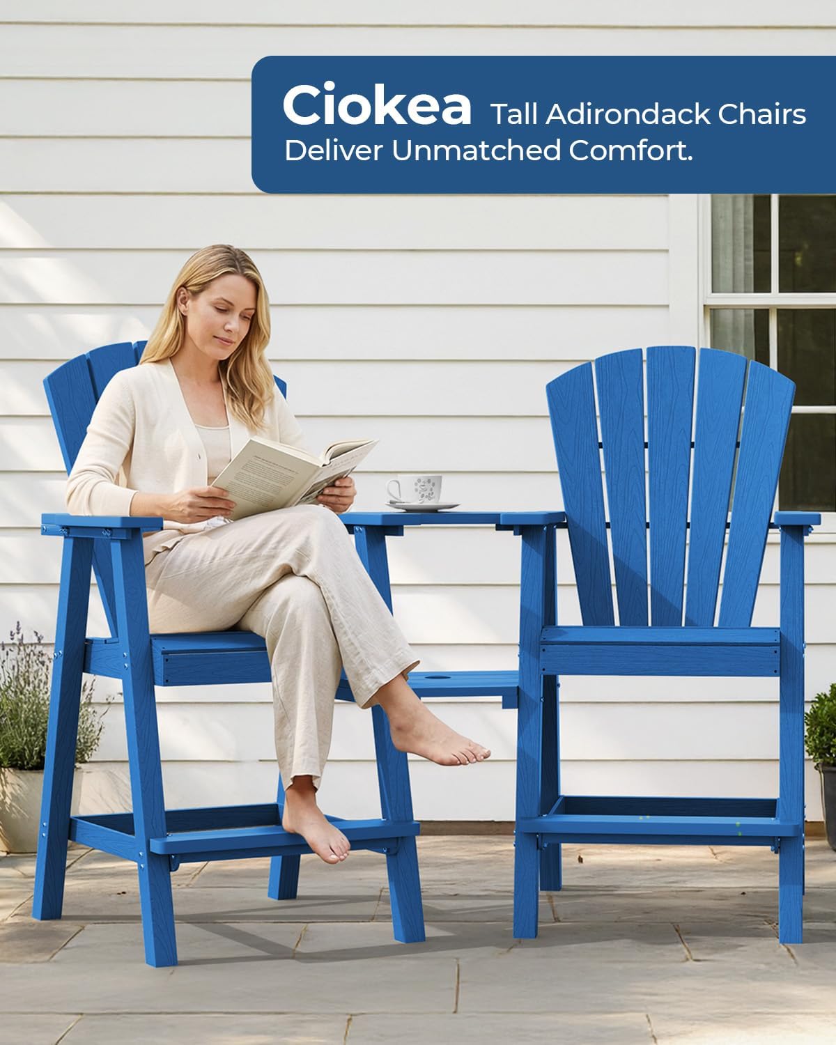 Ciokea Tall Adirondack Chairs Set of 2, HDPE Outdoor High Back Adirondack Chair with Double Connecting Tray, Weather Resistant Balcony Chairs for Deck, Lawn, Pool, Backyard, Navy Blue