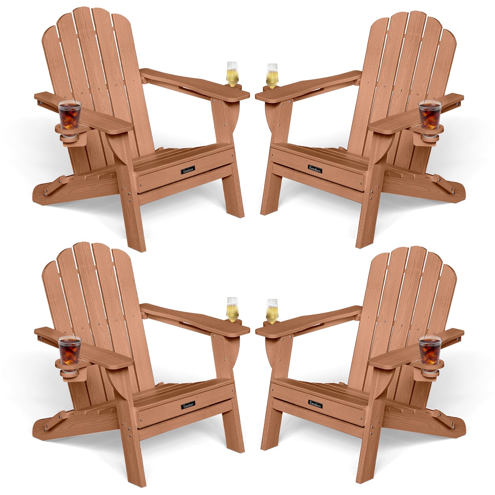 Folding Adirondack Chair,All-Weather HDPE Fire Pit Chair with 2 Cup Holders, Plastic Outdoor Chair for Patio Deck Garden Lawn, Black