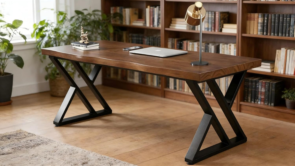 55inch Solid Wood Desk Wide Home Office Desk,Metal Modern Industrial Writing Table, Workstation, Perfect Table for Your workspace Study Table Furniture in Rustic Natural Aged Brown